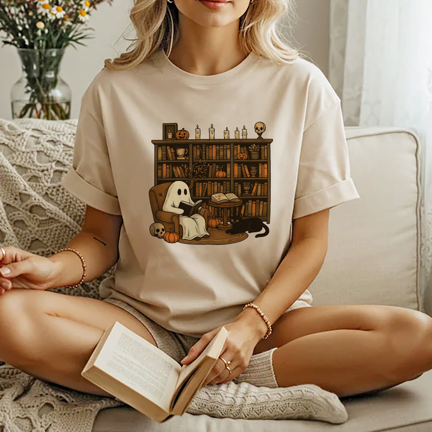 Cute Spooky Reader Tee – Ghost Book Halloween Shirt – Natural – Up To 5XL
