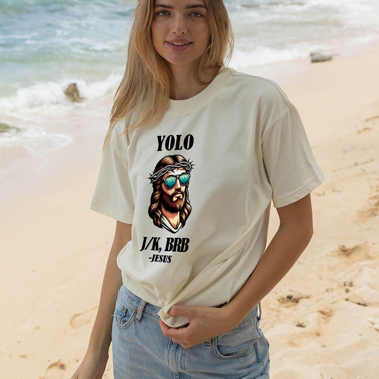 Funny Christian Shirt – YOLO JK BRB Jesus – Meme Faith-Based Humor Tee – Natural – Up To 5XL