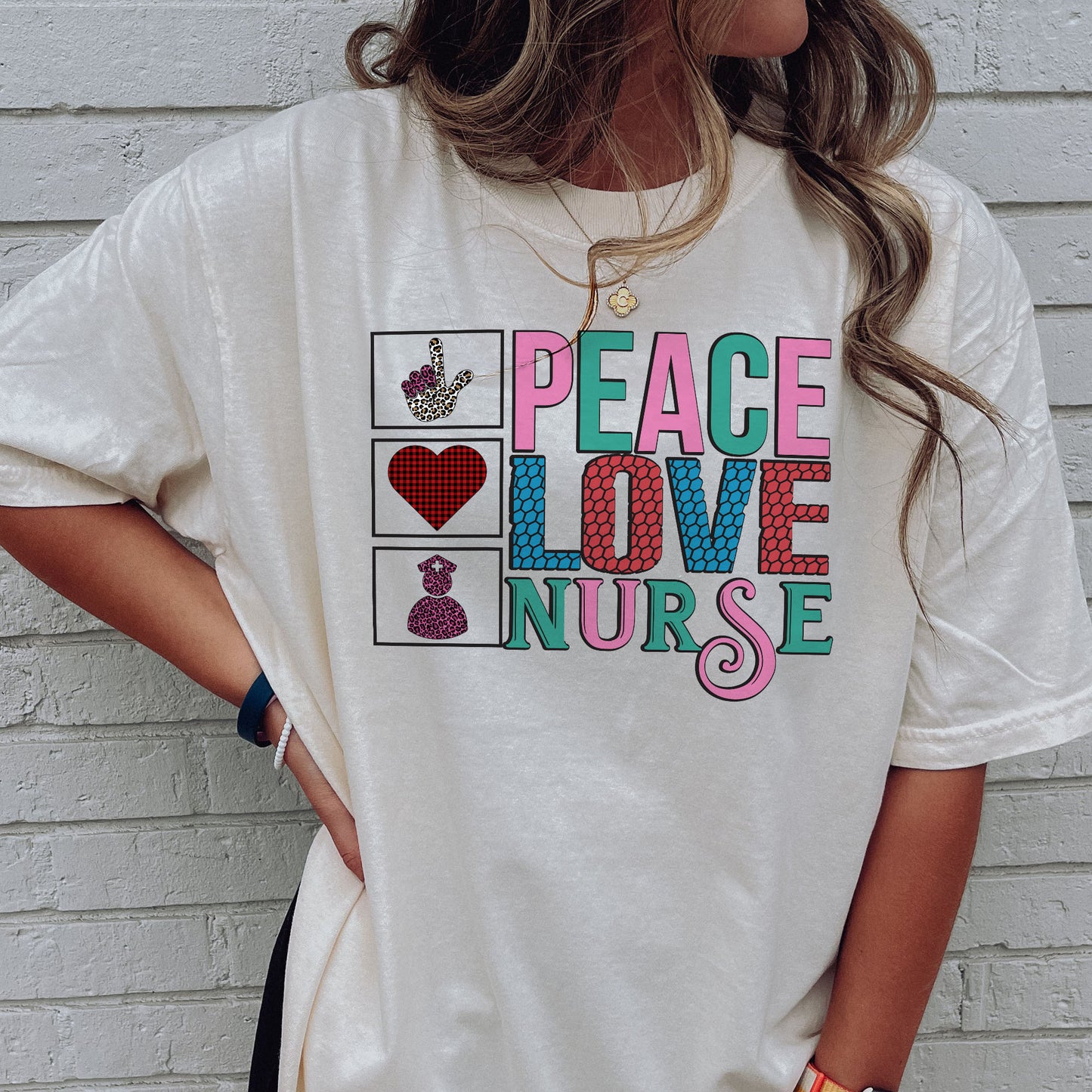 Peace Love Nurse Shirt – Cute Nursing GraphicTee Gift for RN LPN CNA - Natural - Up To 5XL