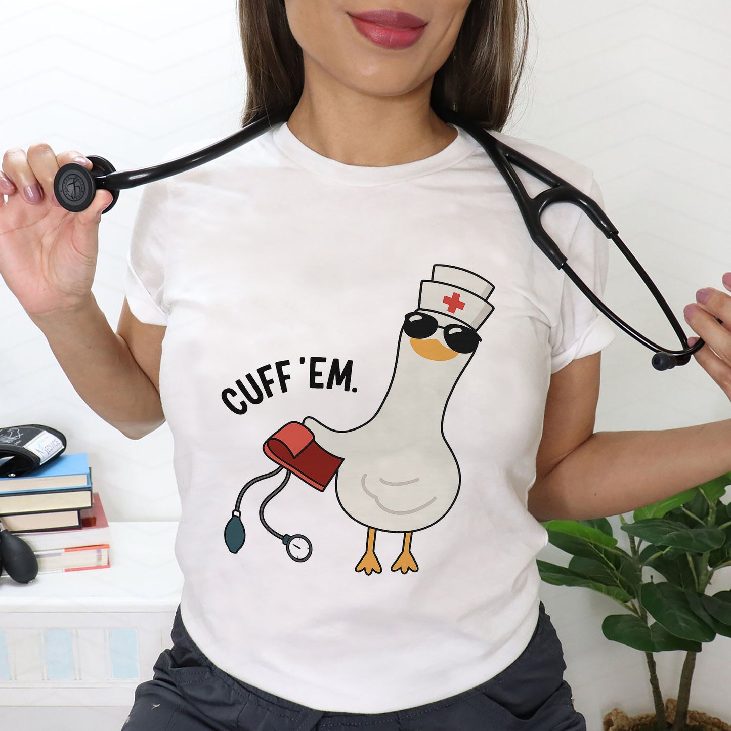 Cuff 'Em Nurse T-Shirt - Funny Duck Tees For Nurse - White- Up To 5XL