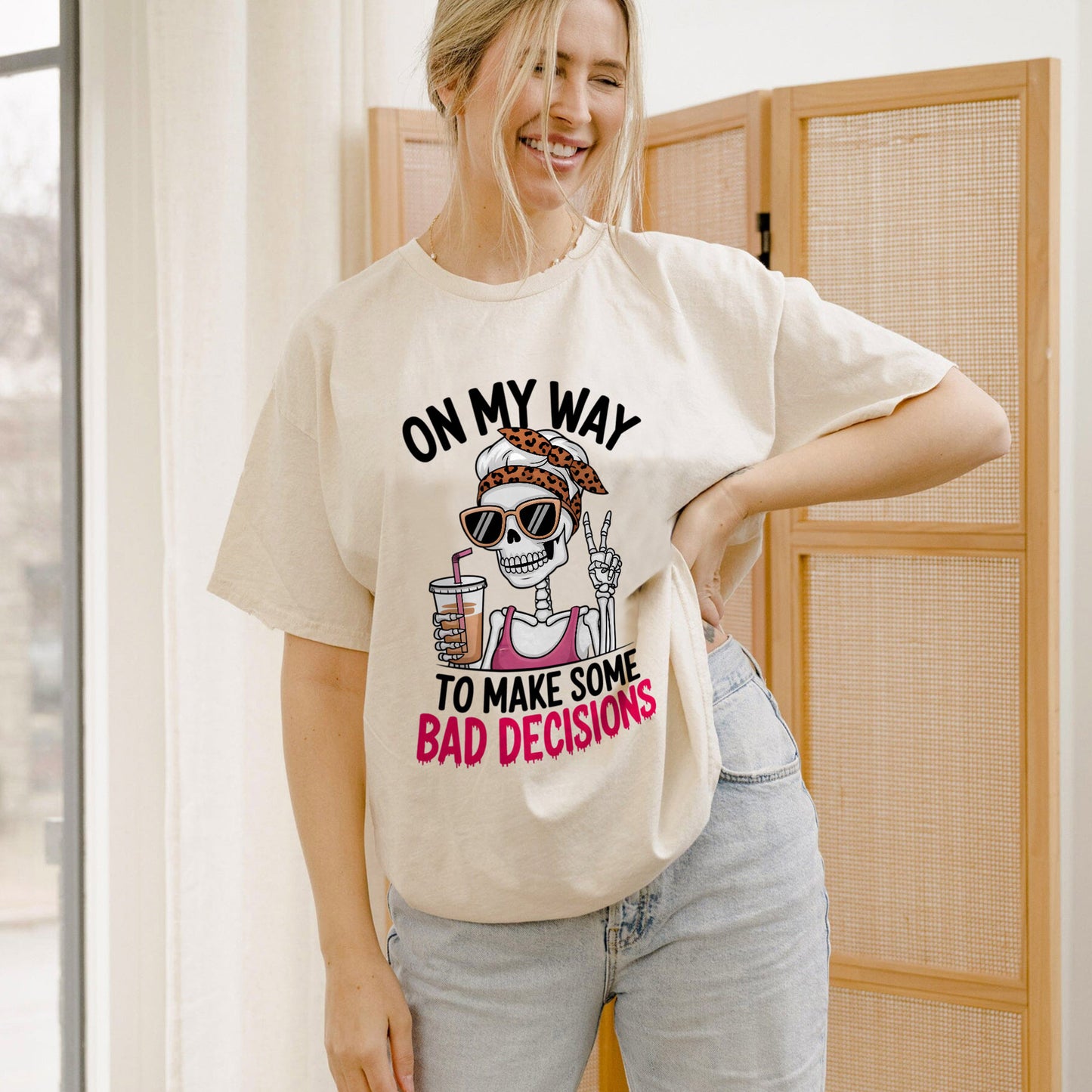On My Way To Make Some Bad Decisions T-Shirt – Funny Party Graphic Tee – Natural – Sizes Up to 5XL