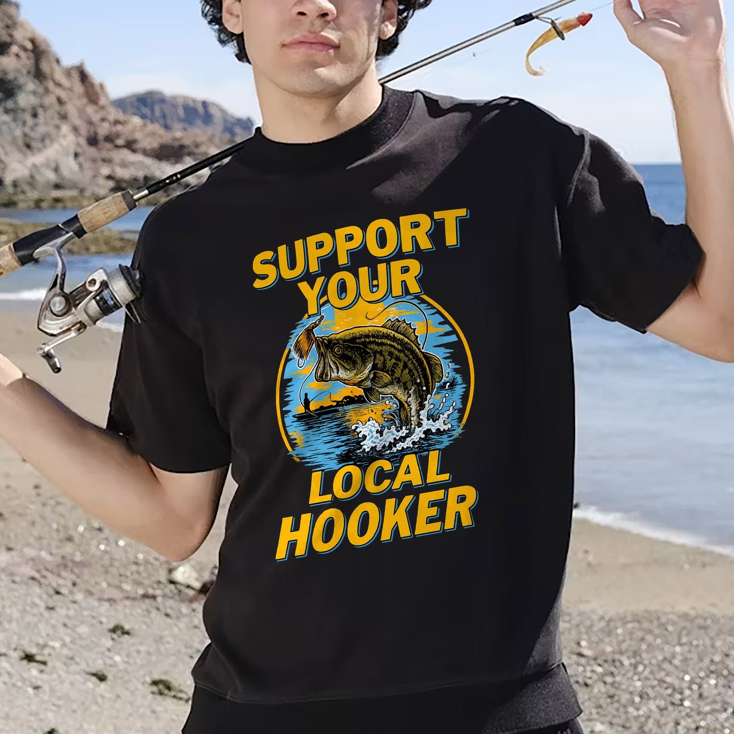 Support Your Local Hooker Shirt – Funny Fishing Tee – Fisherman Pun Shirt – Black – Up To 5XL