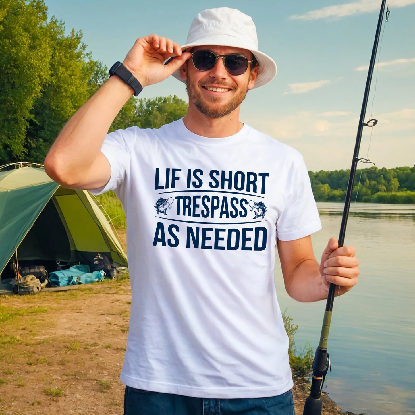 Fishing Humor Shirt – Life Is Short Trespass As Needed Tee – Funny Fisherman Gift – White – Up To 5XL