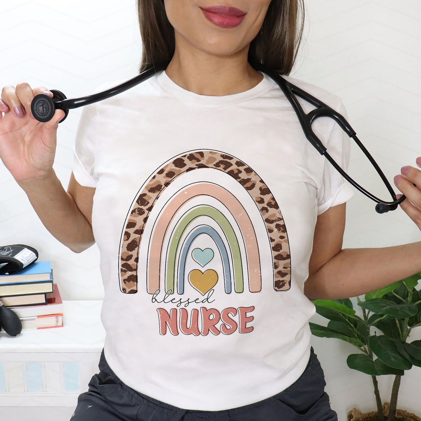 Nurse Shirt – Blessed Nurse Rainbow Tee – Cute Leopard Design Shirt For Nursing - White - Up To 5XL