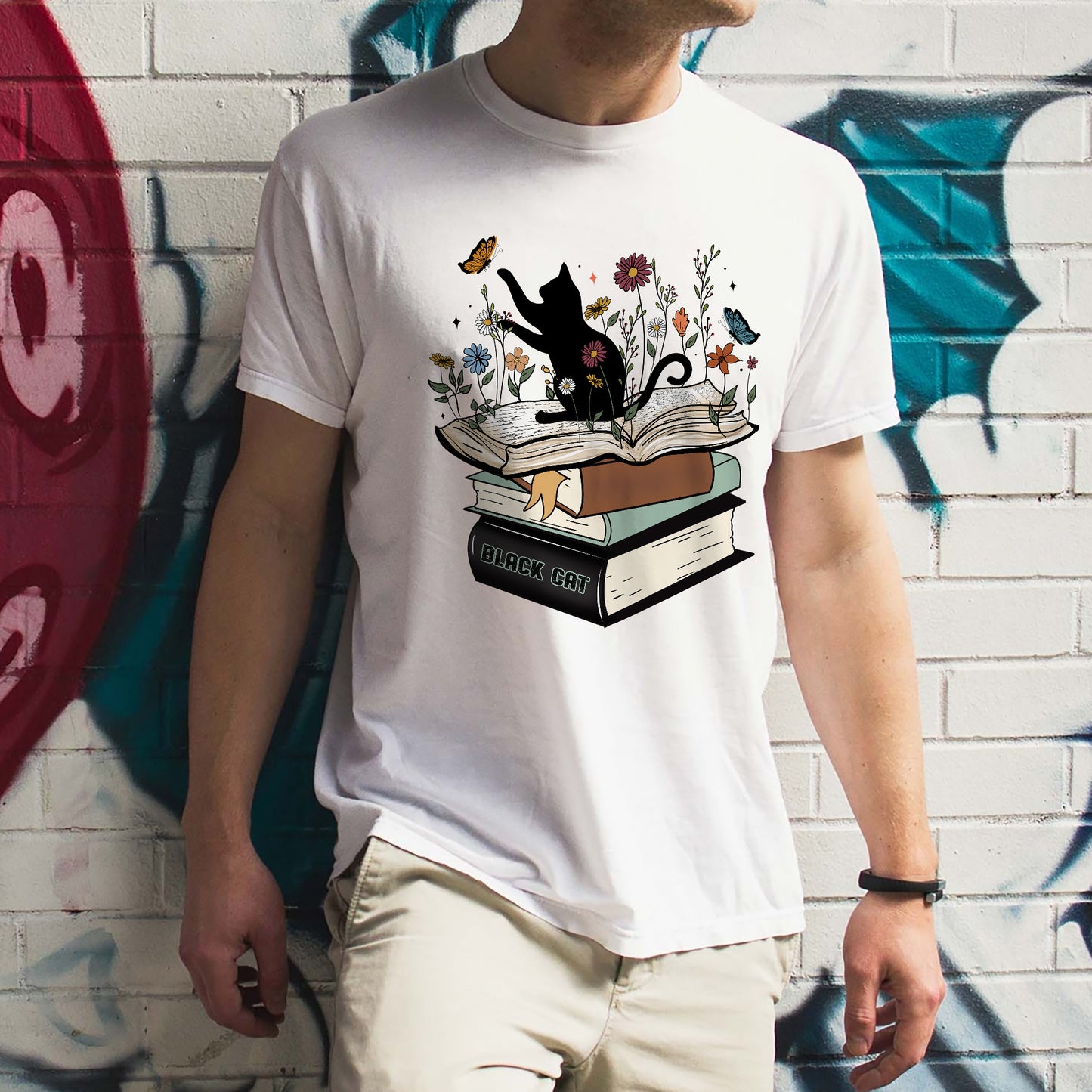 Cat Lover Gift Tee – Black Cat on Book Funny Shirt – Bookish Humor Reading T-Shirt – White – Up To 5XL