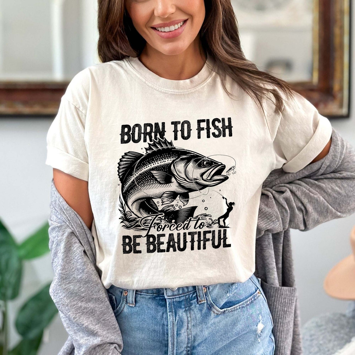 Born To Fish Forced To Be Beautiful Shirt – Funny Women’s Fishing Tee – Lady Angler Humor Gift – Natural – Up To 5XL