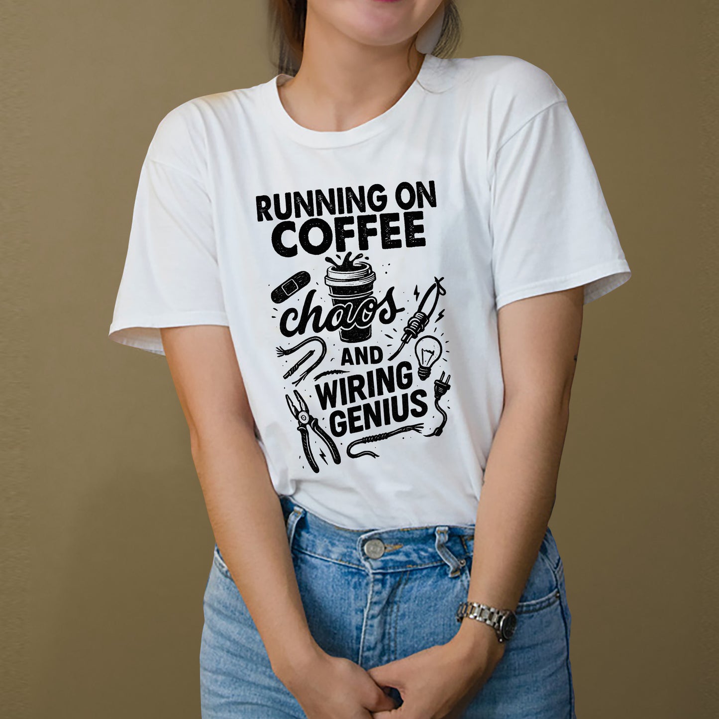 Funny Work Shirt – Running on Coffee, Chaos and Wiring Genius – Nerdy Tech Quote Tee –White – Up To 5XL