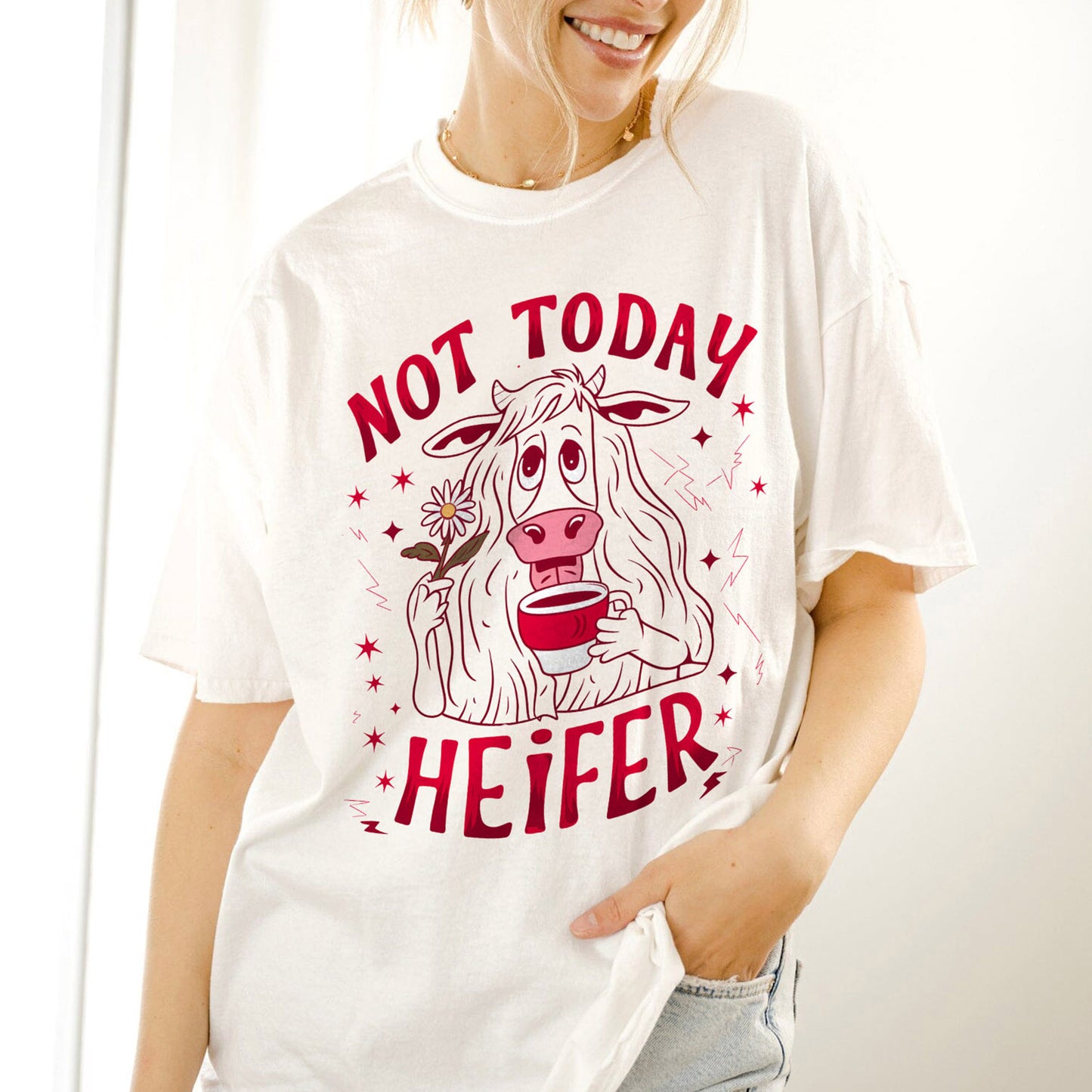 Not Today Heifer T-Shirt – Funny Sassy Southern Graphic Tee for Women – White – Sizes Up to 5XL