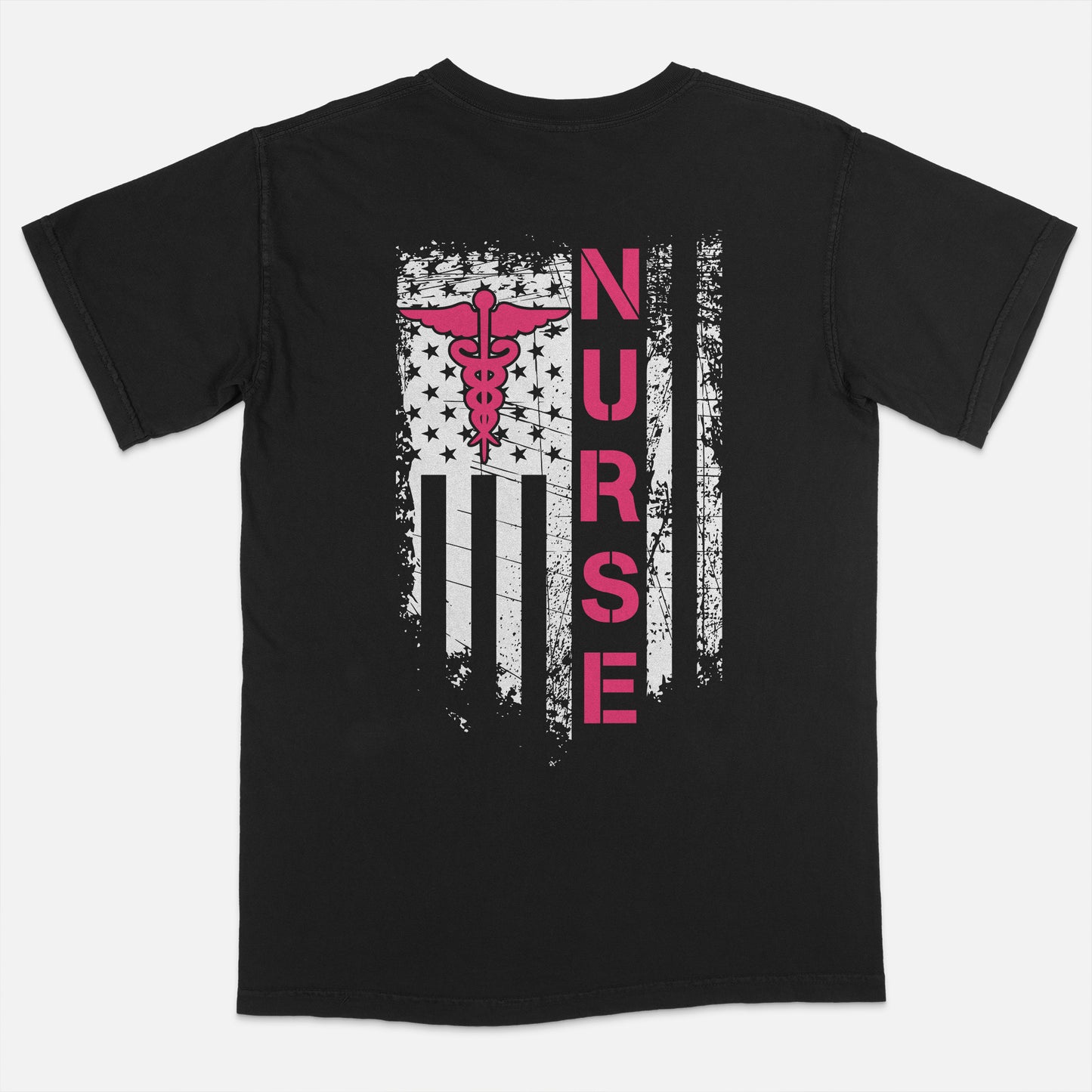 Patriotic Nurse USA Flag T-Shirt – Grunge Style Medical Caduceus Tee - Black - Up To 5XL