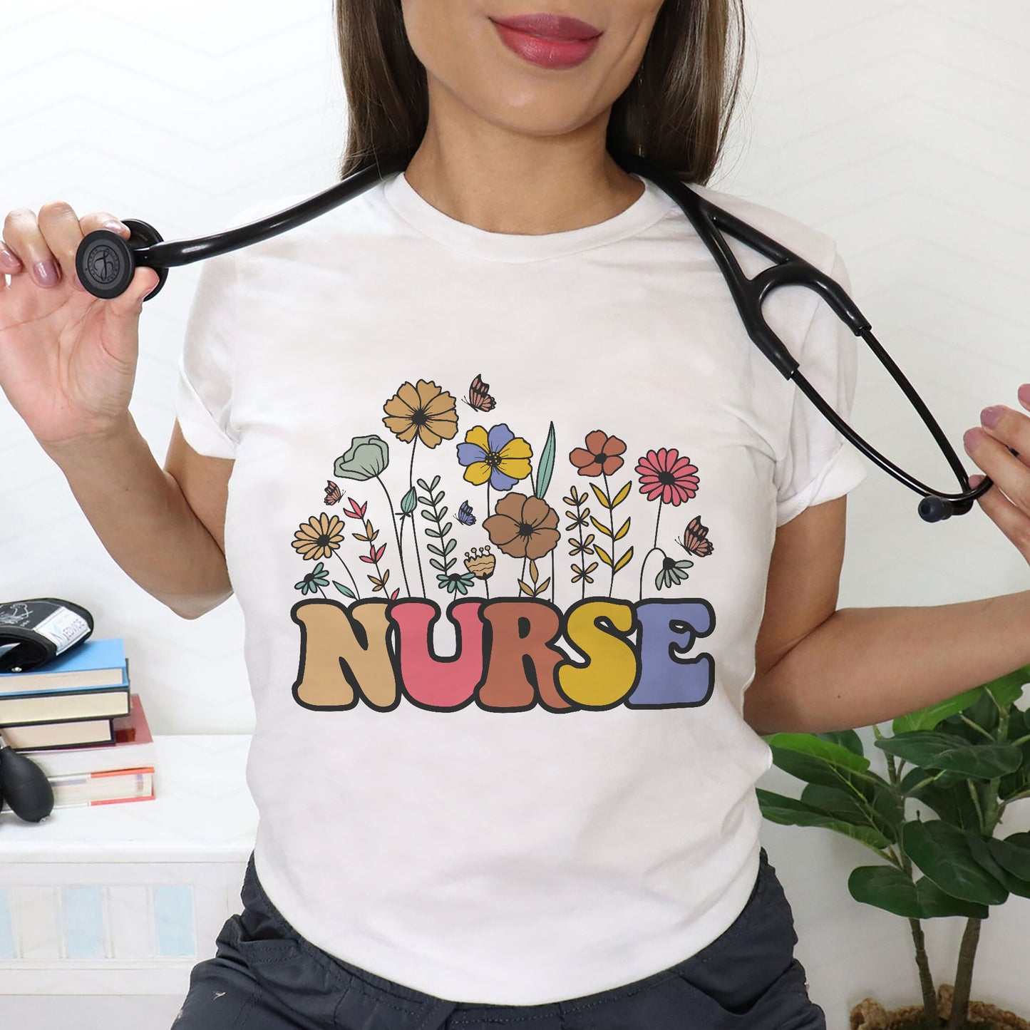 Funny Tees For Nurse - Floral Vintage Profession - Inspired Graphic Tee - White - Up To 5XL