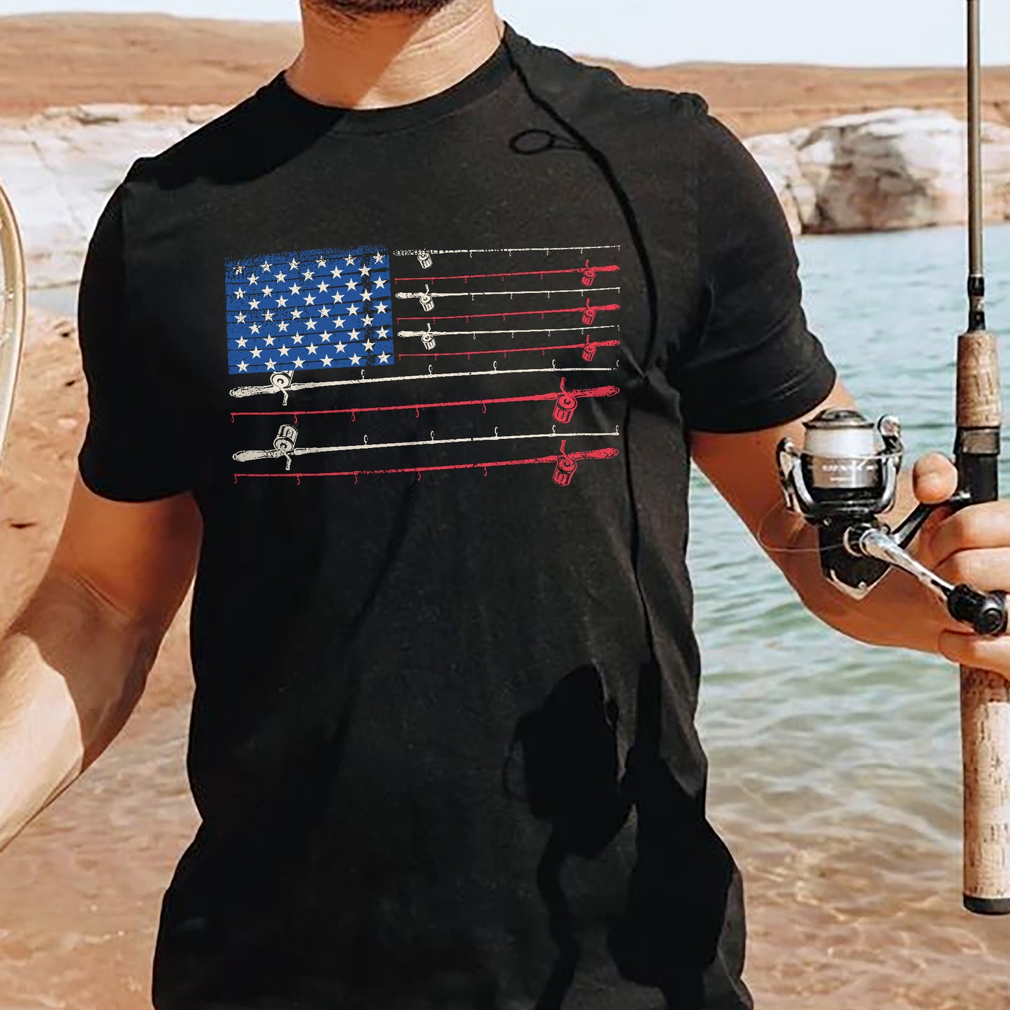 Patriotic Fishing Shirt – Fishing Rods American Flag Tee – USA Angler Graphic – Black – Up To 5XL