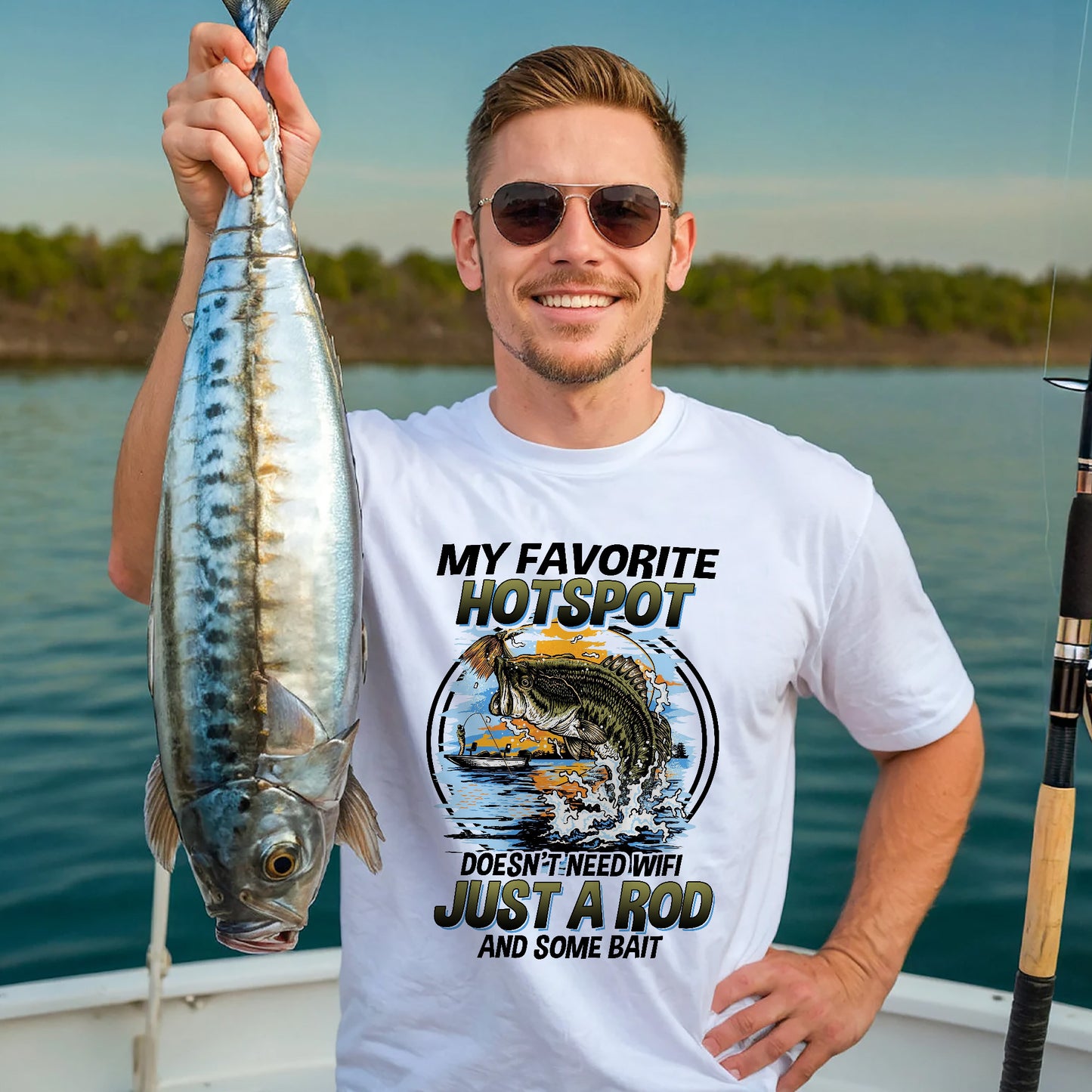 Fishing Humor Shirt – Favorite Hotspot No WiFi Rod and Bait Tee – Funny Fisherman Tee – White – Up To 5XL
