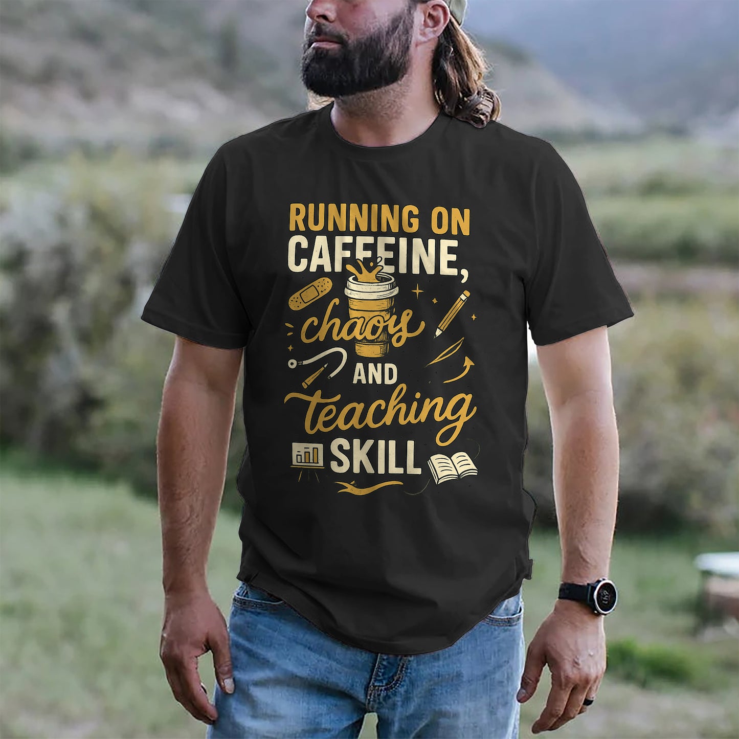 Funny Teacher Shirt – Running on Caffeine Chaos and Teaching Skill – Educator Quote Tee – Black – Up To 5XL