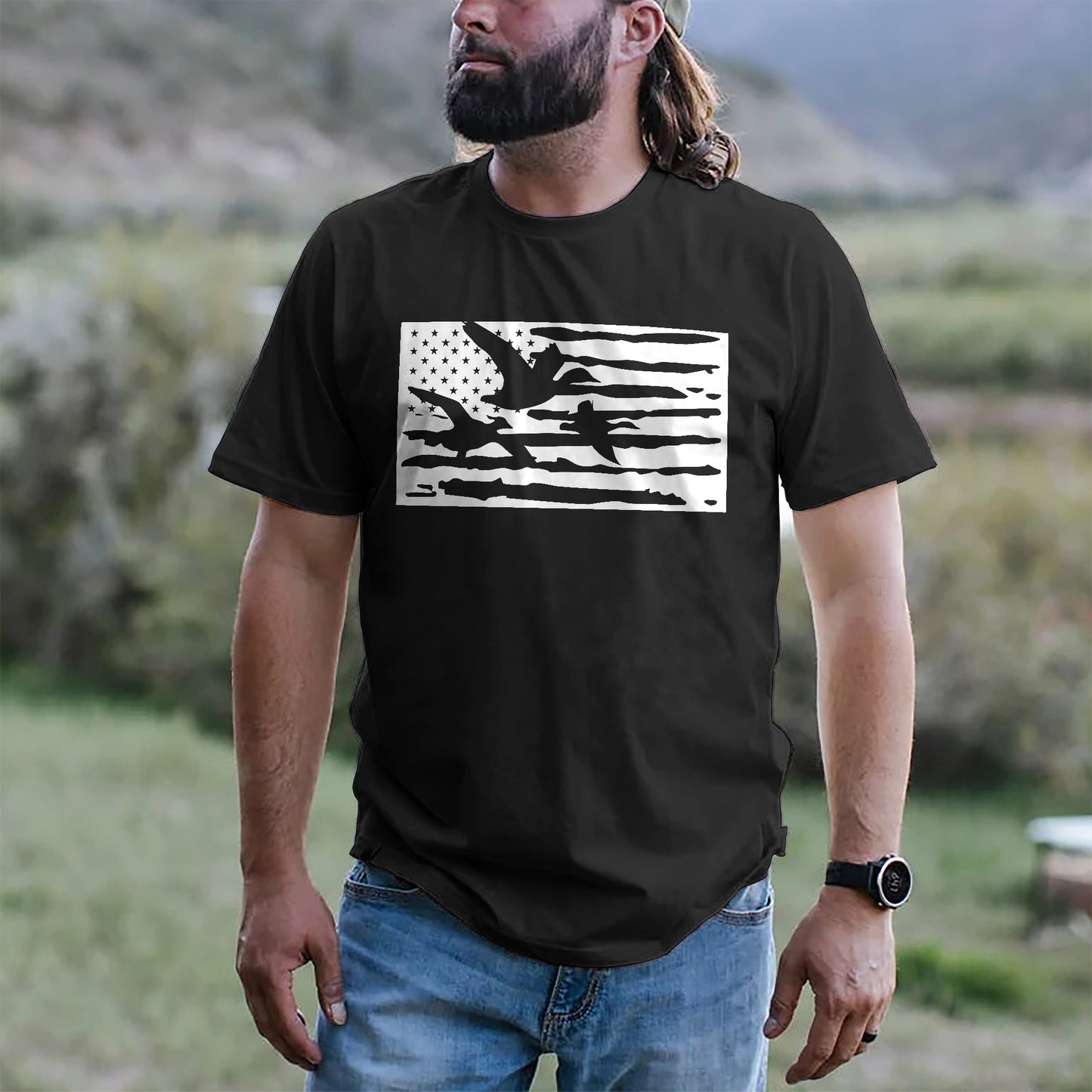 Patriotic Hunting Shirt – Duck Hunting with US Flag – American Outdoorsman Tee – Black – Up To 5XL