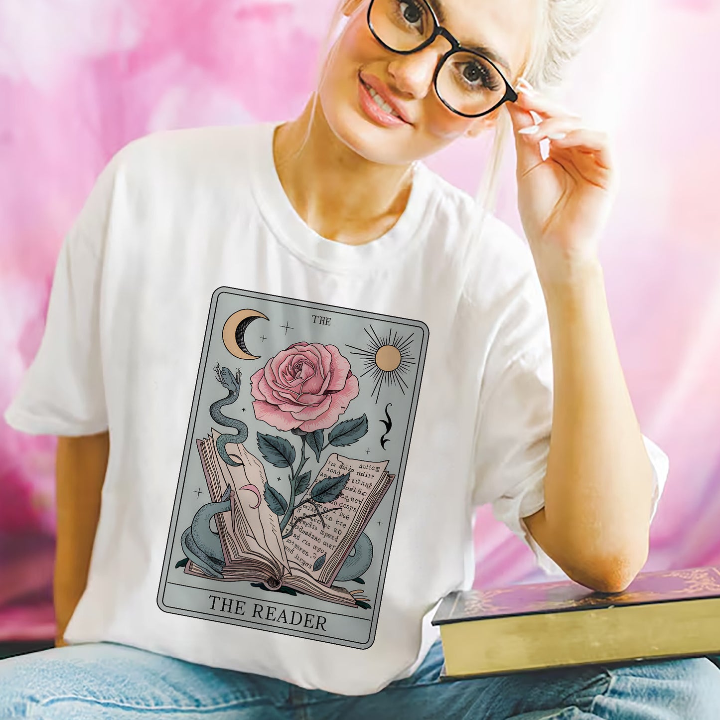 Floral Snake Reading Tee – The Reader Tarot Shirt – Retro Bookish Witchy Gift – White – Up To 5XL
