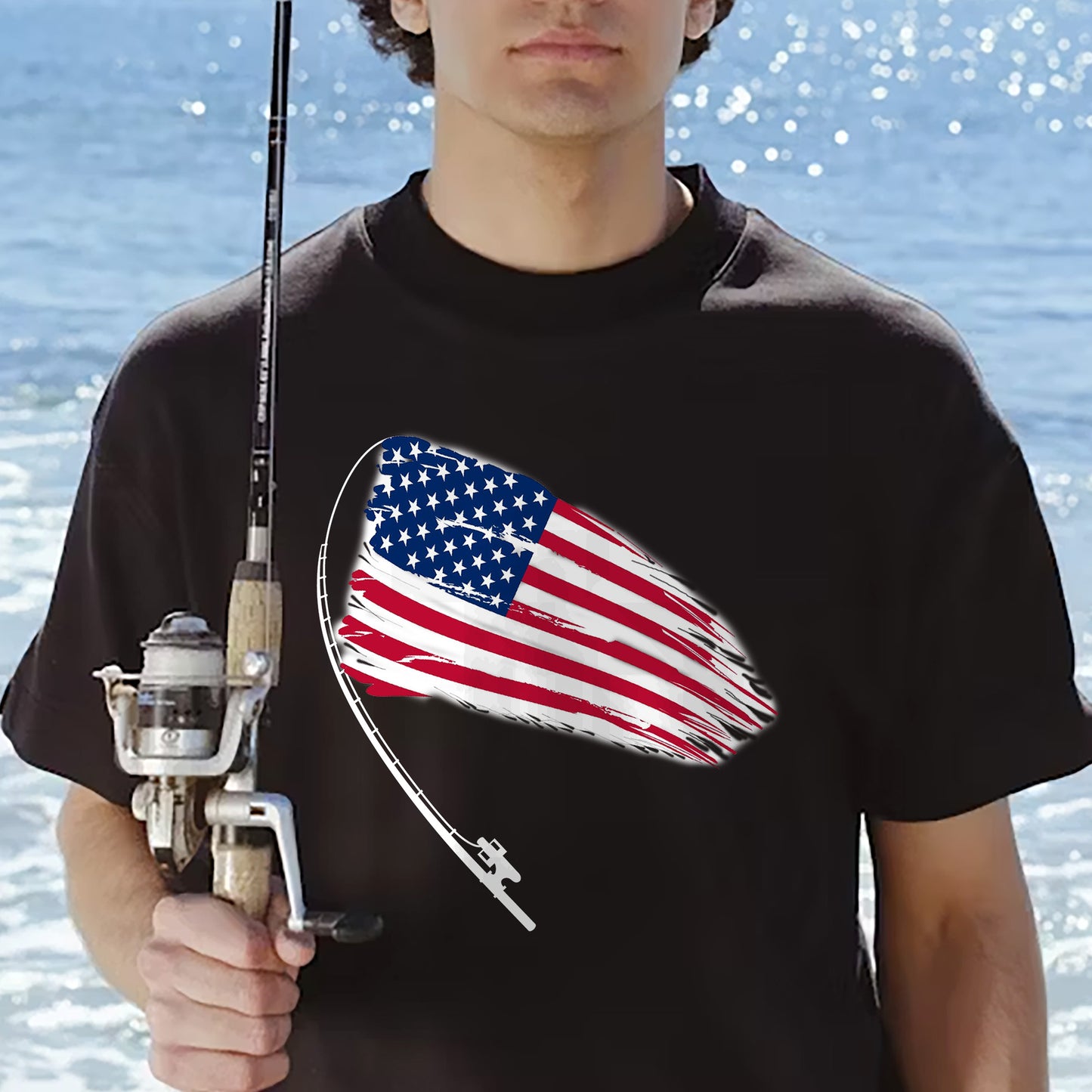 Patriotic Fishing Shirt – American Flag Bass Fishing Tee – USA Angler Gift – Black – Up To 5XL