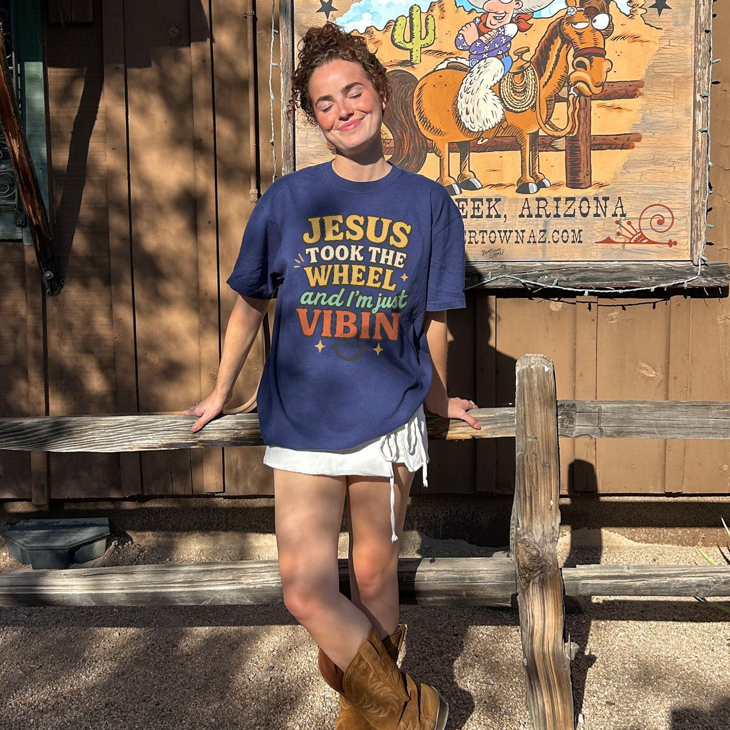 Jesus Took The Wheel and I’m Just Vibin’ T-Shirt - Funny Jesus Shirt For Christians- Navy- Up To 5XL
