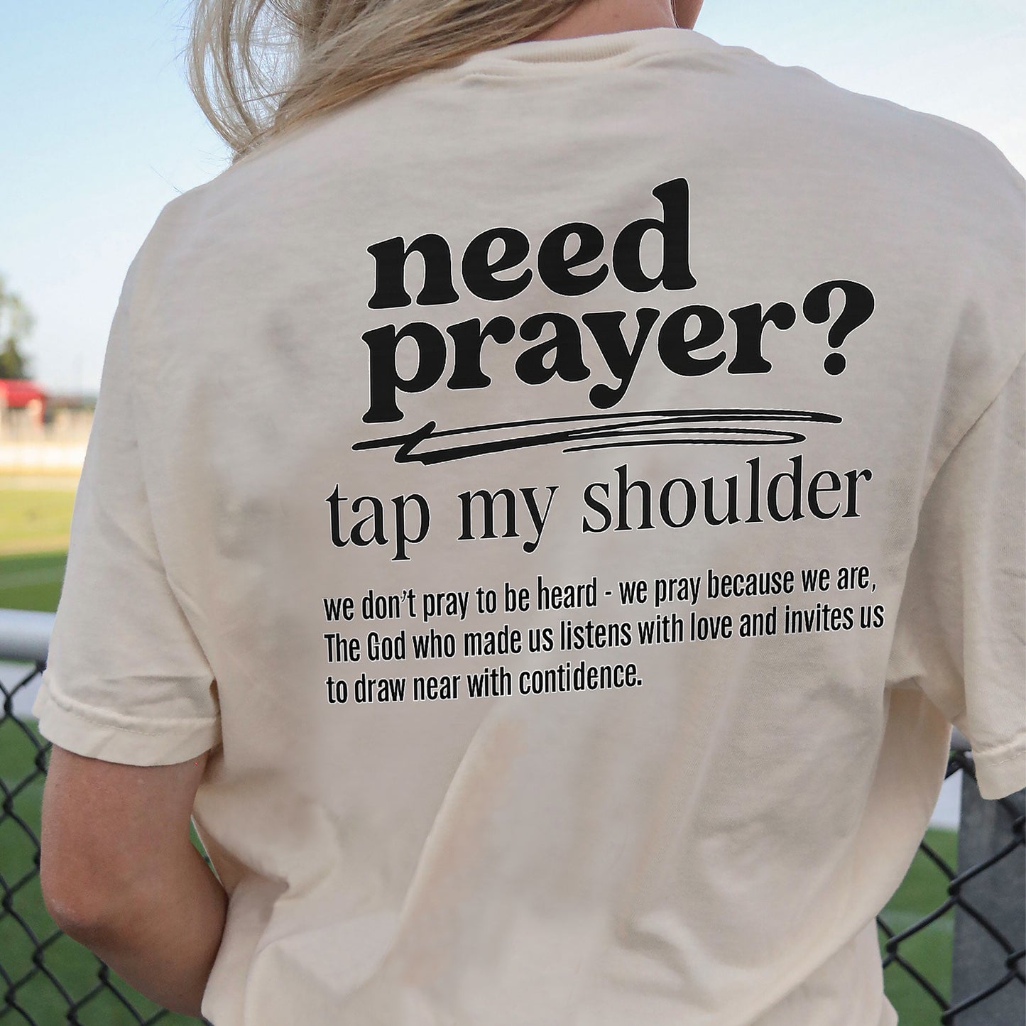 Need Prayer? Tap My Shoulder T-Shirt - Funny Jesus Shirt For Christians- Natural- Up To 5XL