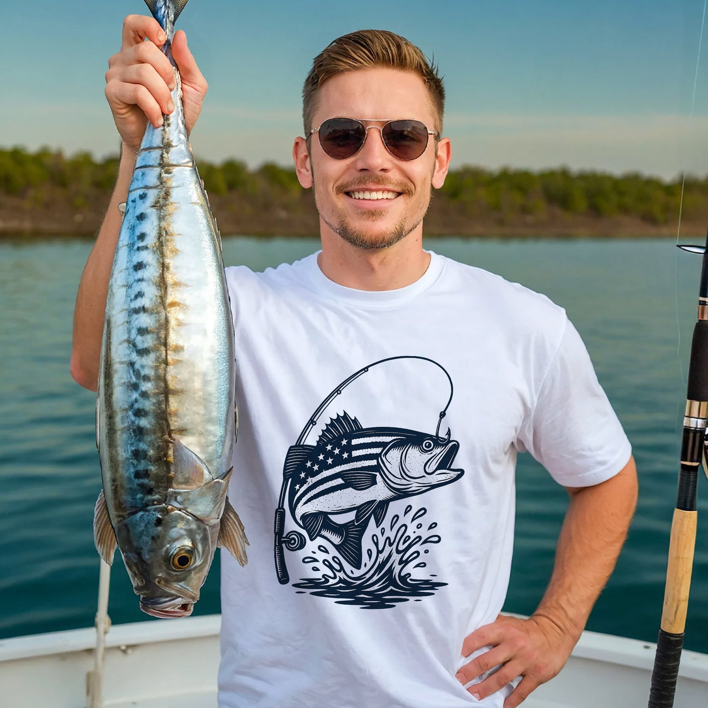 USA Flag Bass Fishing Shirt – Patriotic Angler Tee – American Flag Fisherman Graphic – White – Up To 5XL