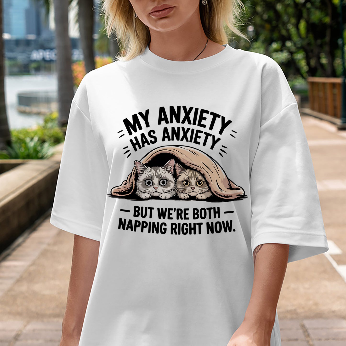 Funny Cat Shirt – My Anxiety Has Anxiety – Napping Mental Health Tee - White - Up To 5XL