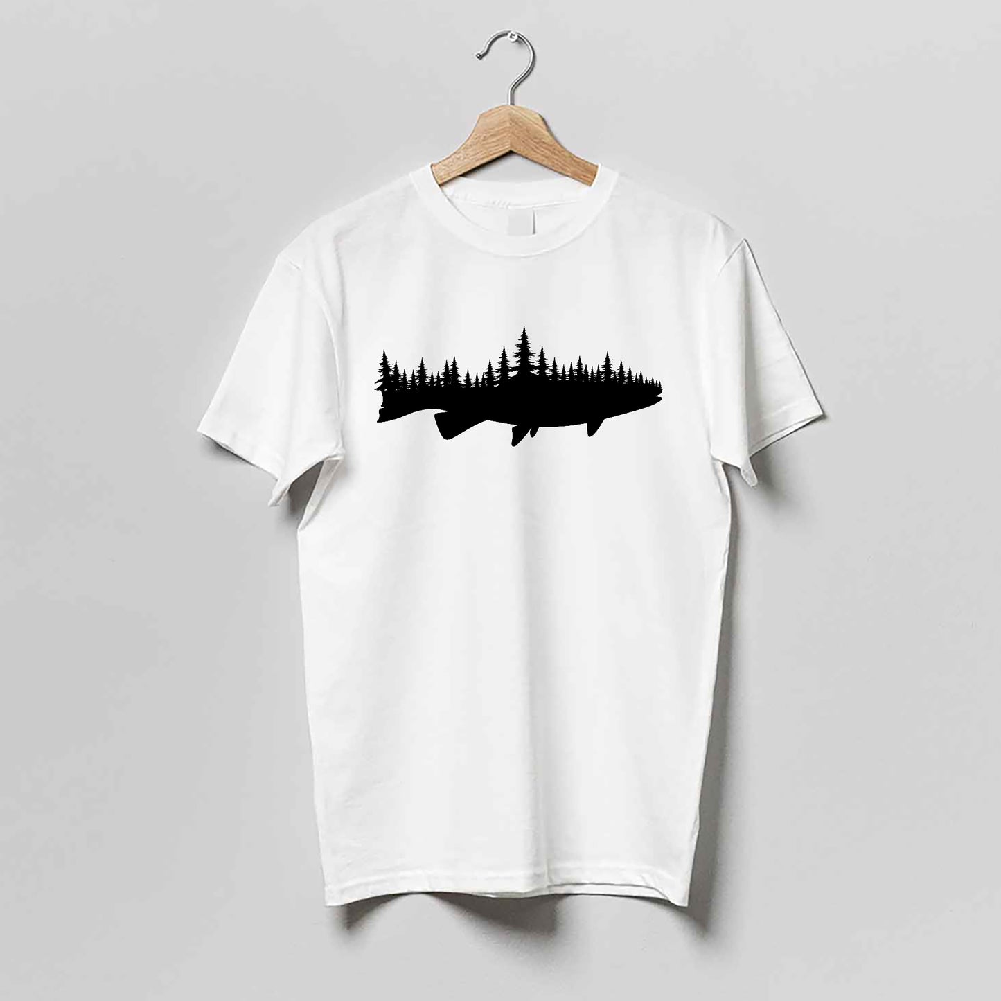 Outdoor Nature Shirt – Fish and Forest – Vintage Wilderness Hiking Tee – White – Up To 5XL