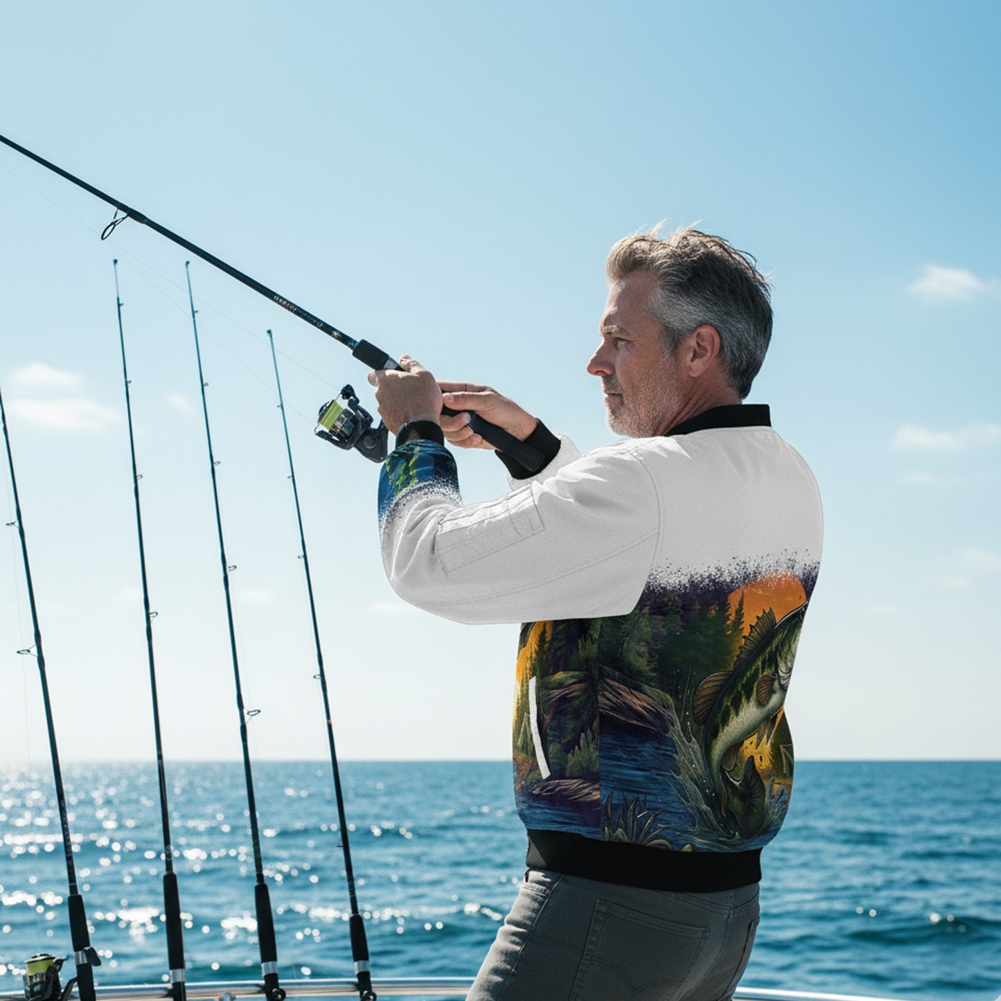 Largemouth Bass Bomber Jacket – Sunrise Fishing Edition | White & Blue Outdoor Fisherman Jacket for Men