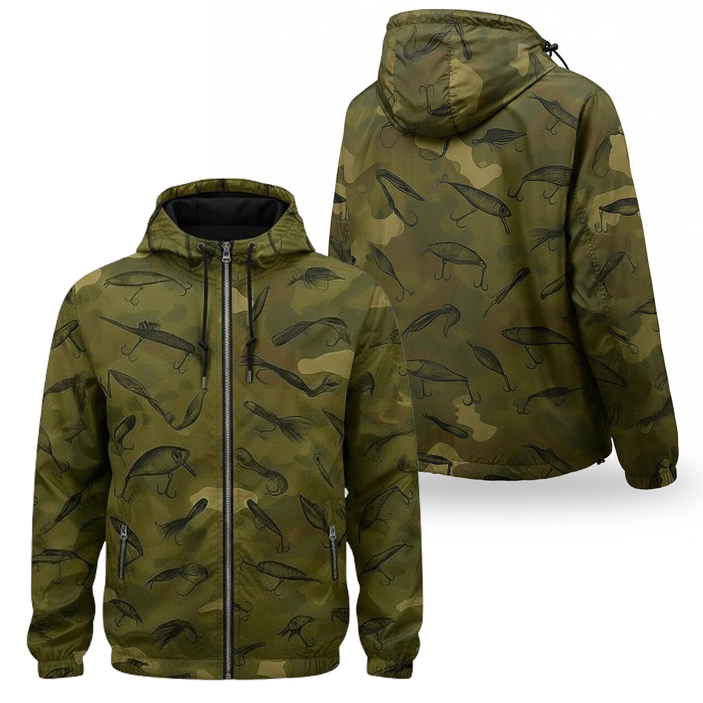 Camouflage Fishing Lure Windbreaker Jacket – Lightweight Hooded Outdoor Jacket for Men
