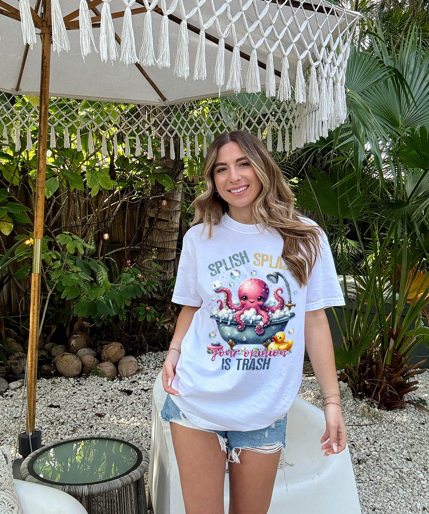 Splish Splash Your Opinion Is Trash T-Shirt – Funny Women Sarcastic Tees – White – Sizes Up to 5XL