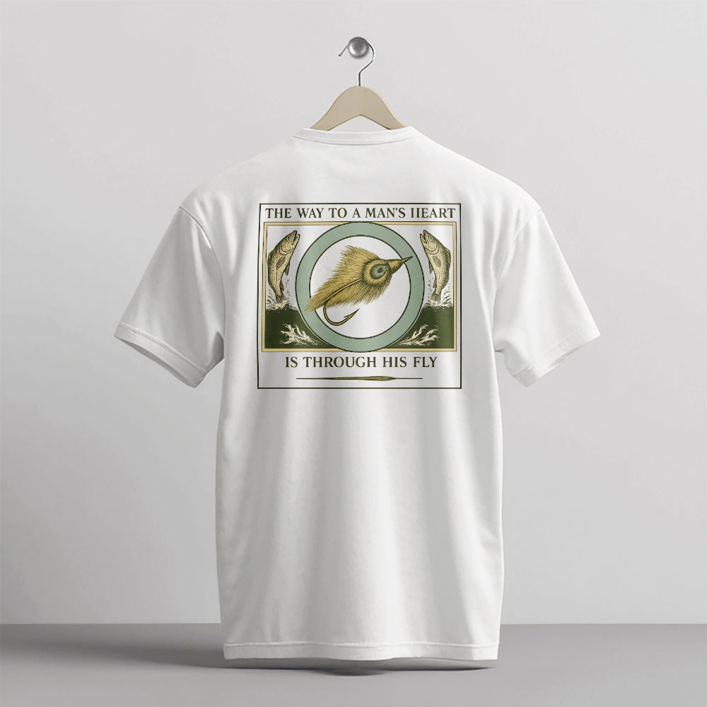 Vintage Fishing Shirt – The Way To A Man's Heart Is Through His Fly – Funny Angler Tee – White – Up To 5XL