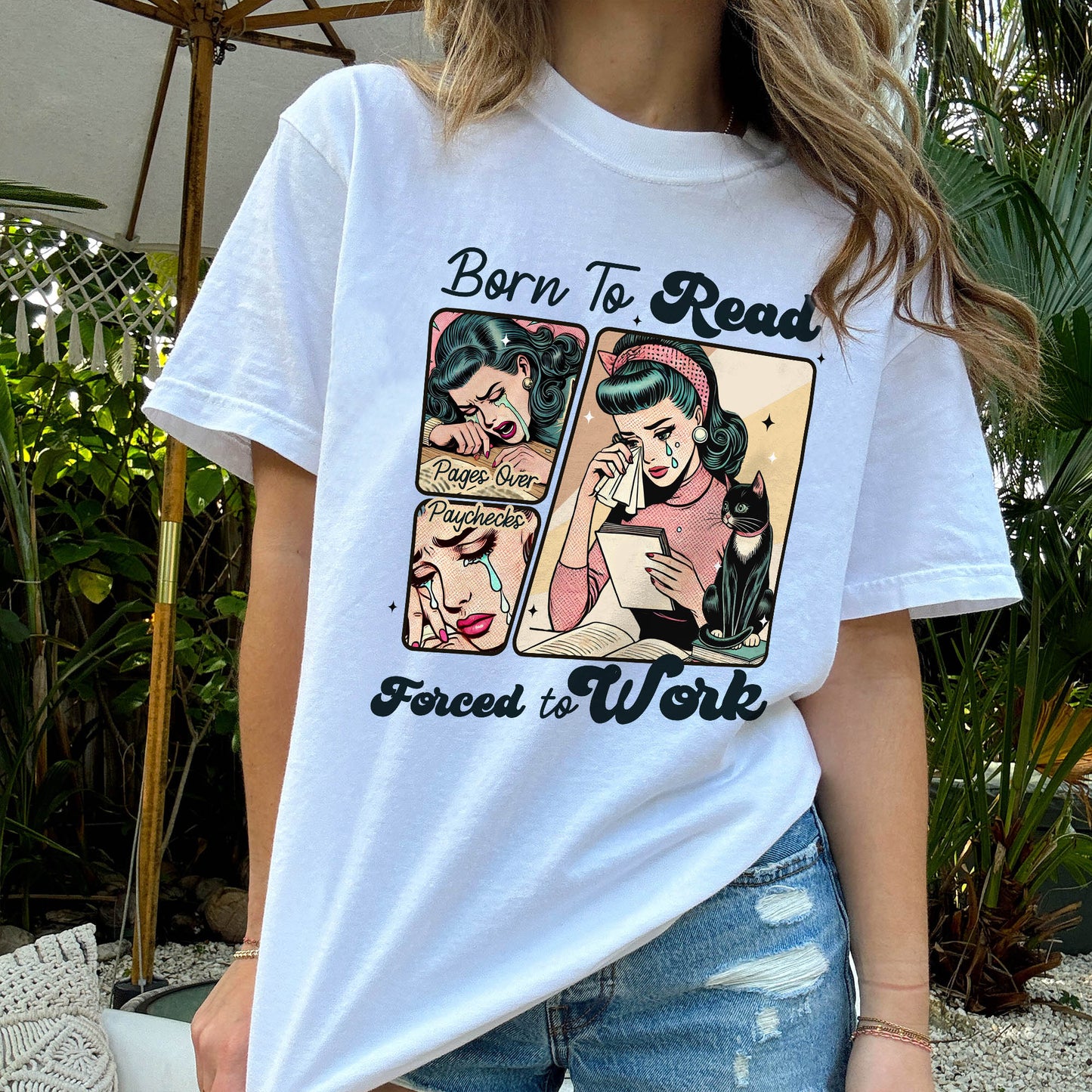 Reading Lover Shirt – Born To Read Forced To Work Funny Book Tee – Bookworm Nerd Gift – White – Up To 5XL