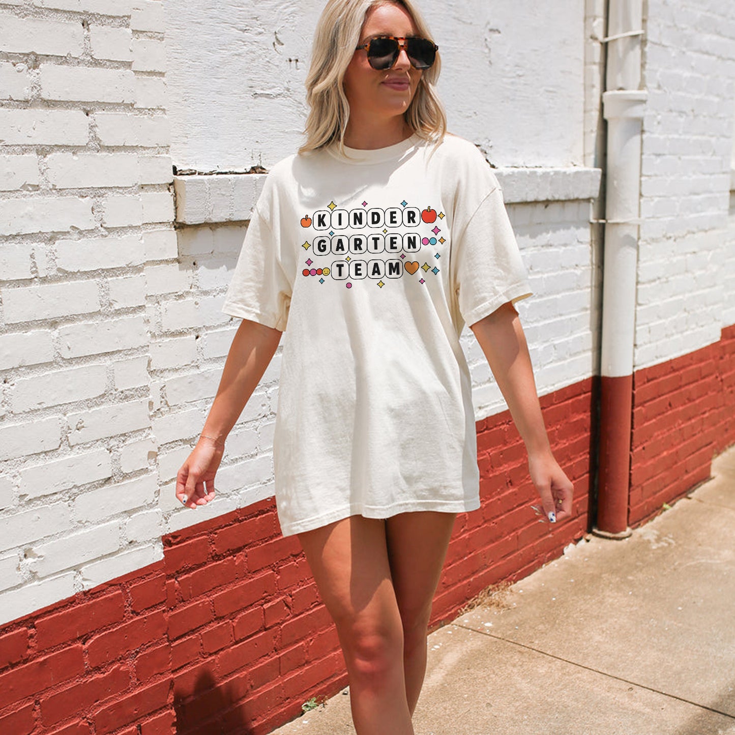 Kindergarten Teacher Shirt – Cute Team Tee for Back to School – Teacher Squad Graphic – Natural – Up To 5XL