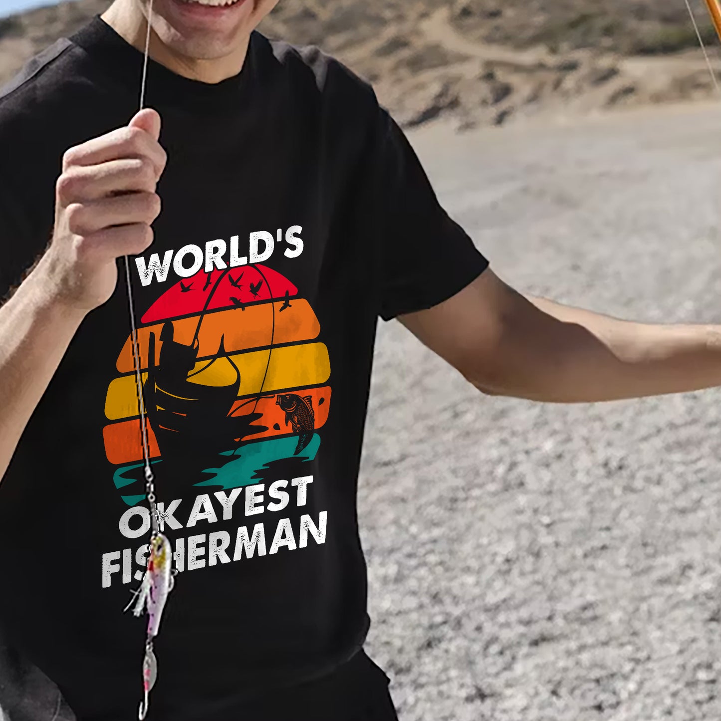 Retro Fishing Shirt – World's Okayest Fisherman Vintage Tee – Funny Angler Graphic Shirt – Black – Up To 5XL
