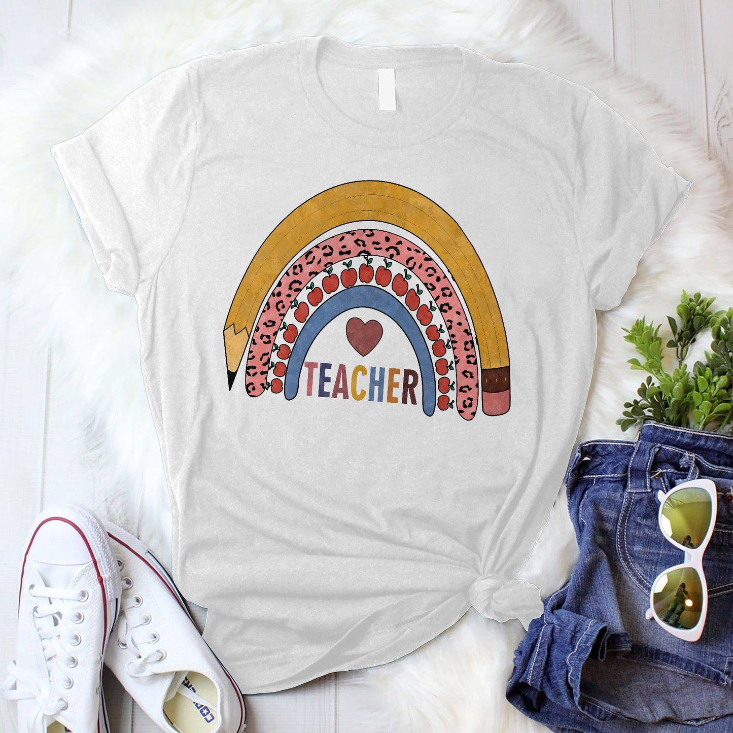 Teacher Rainbow T-Shirt - Funny Shirt For Teacher - White- Up To 5XL