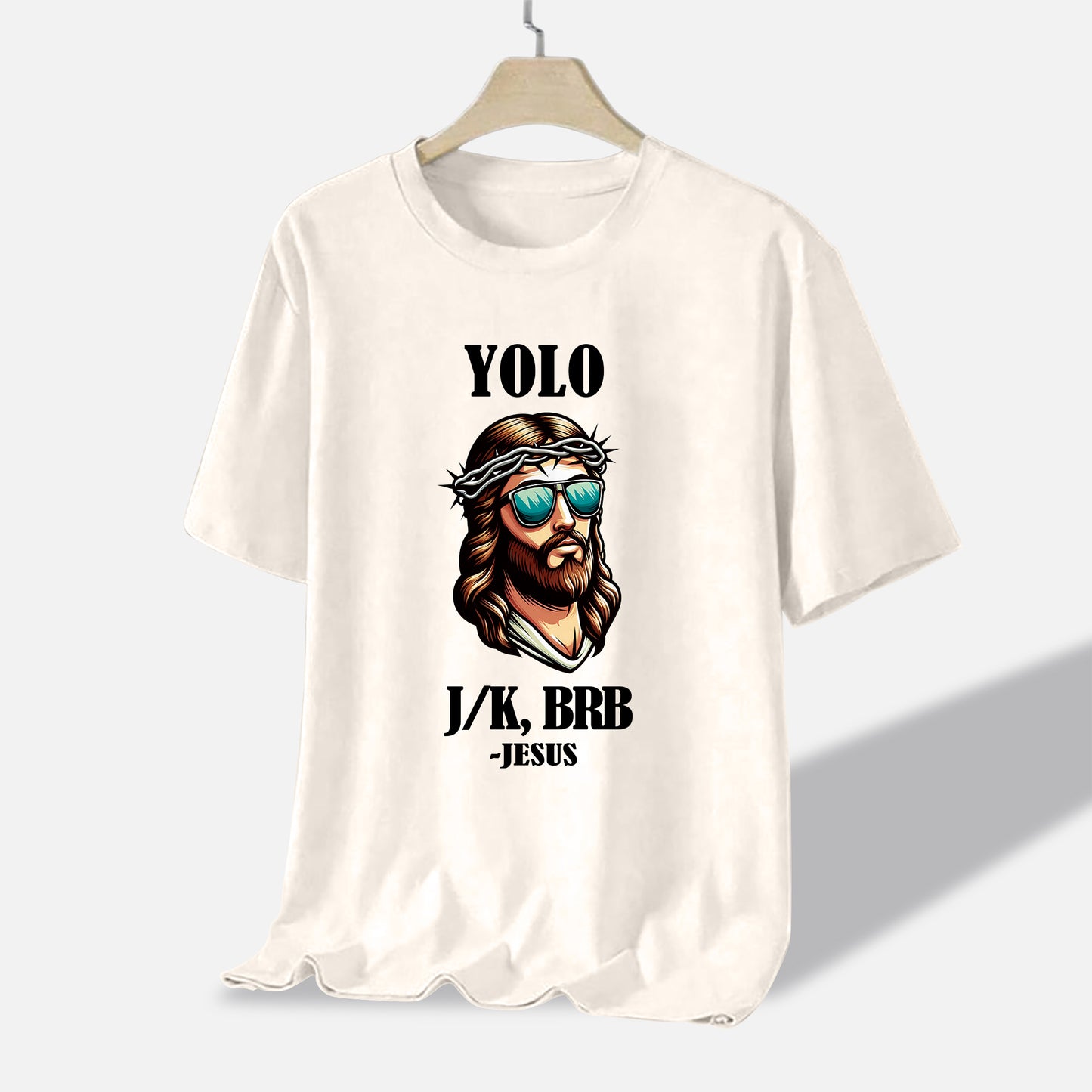 Funny Christian Shirt – YOLO JK BRB Jesus – Meme Faith-Based Humor Tee – Natural – Up To 5XL