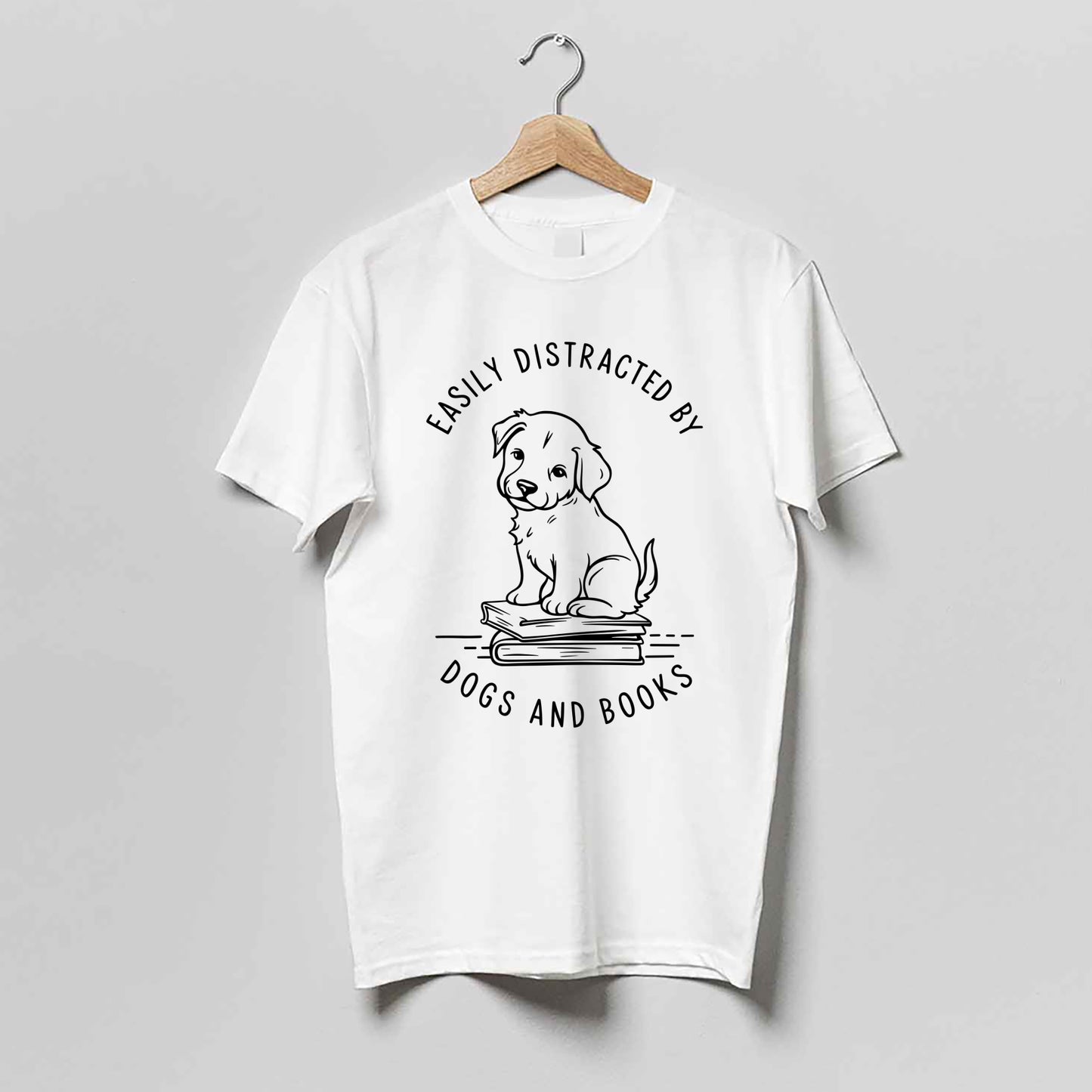 Funny Bookish Dog Lover Tee – Easily Distracted By Dogs And Books Shirt – White – Up To 5XL