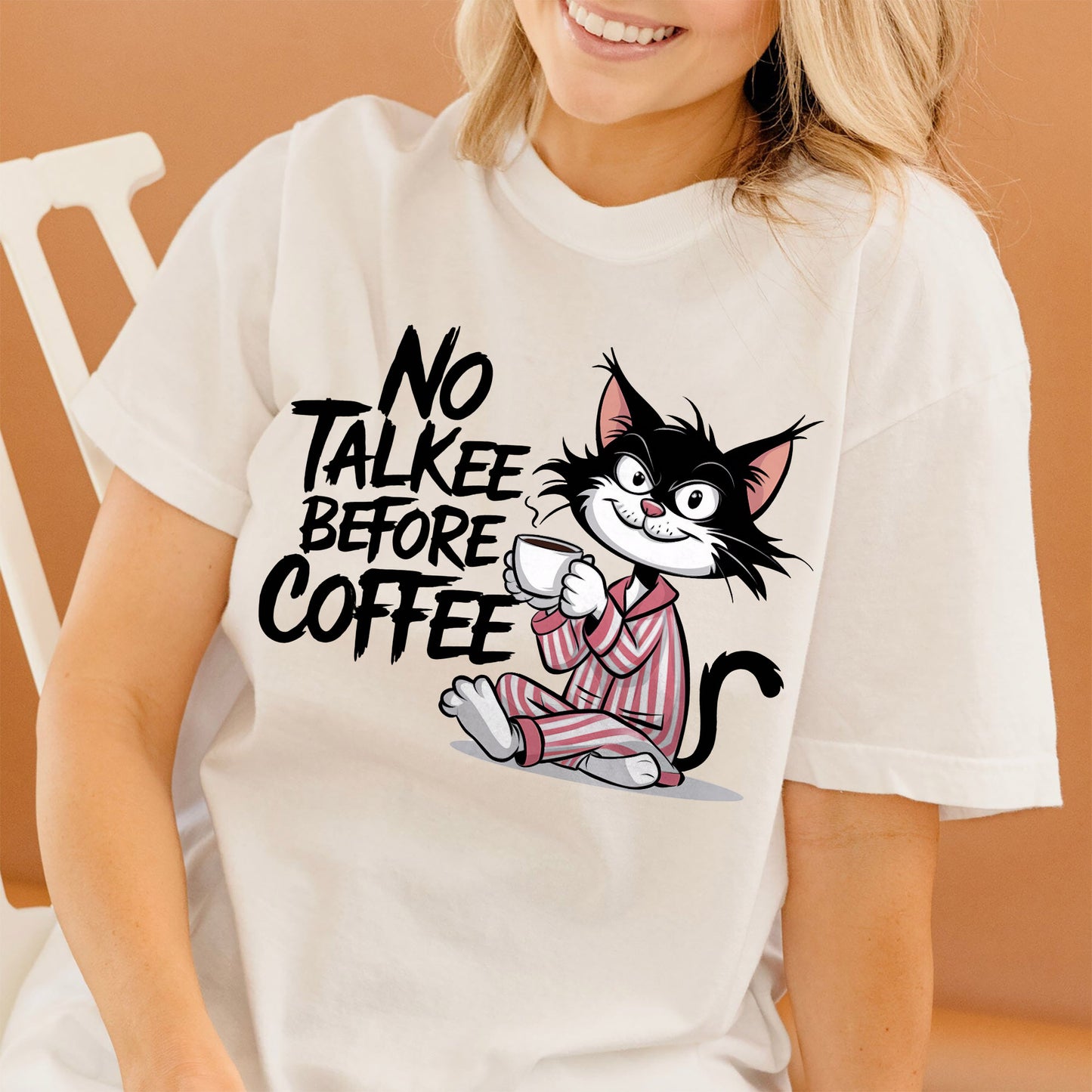 Funny Coffee Cat Shirt – No Talkee Before Coffee Tee – Grumpy Morning Humor T-Shirt - Natural - Up To 5XL