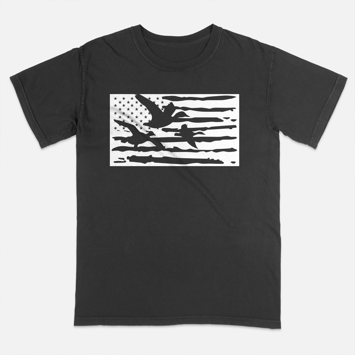 Patriotic Hunting Shirt – Duck Hunting with US Flag – American Outdoorsman Tee – Black – Up To 5XL