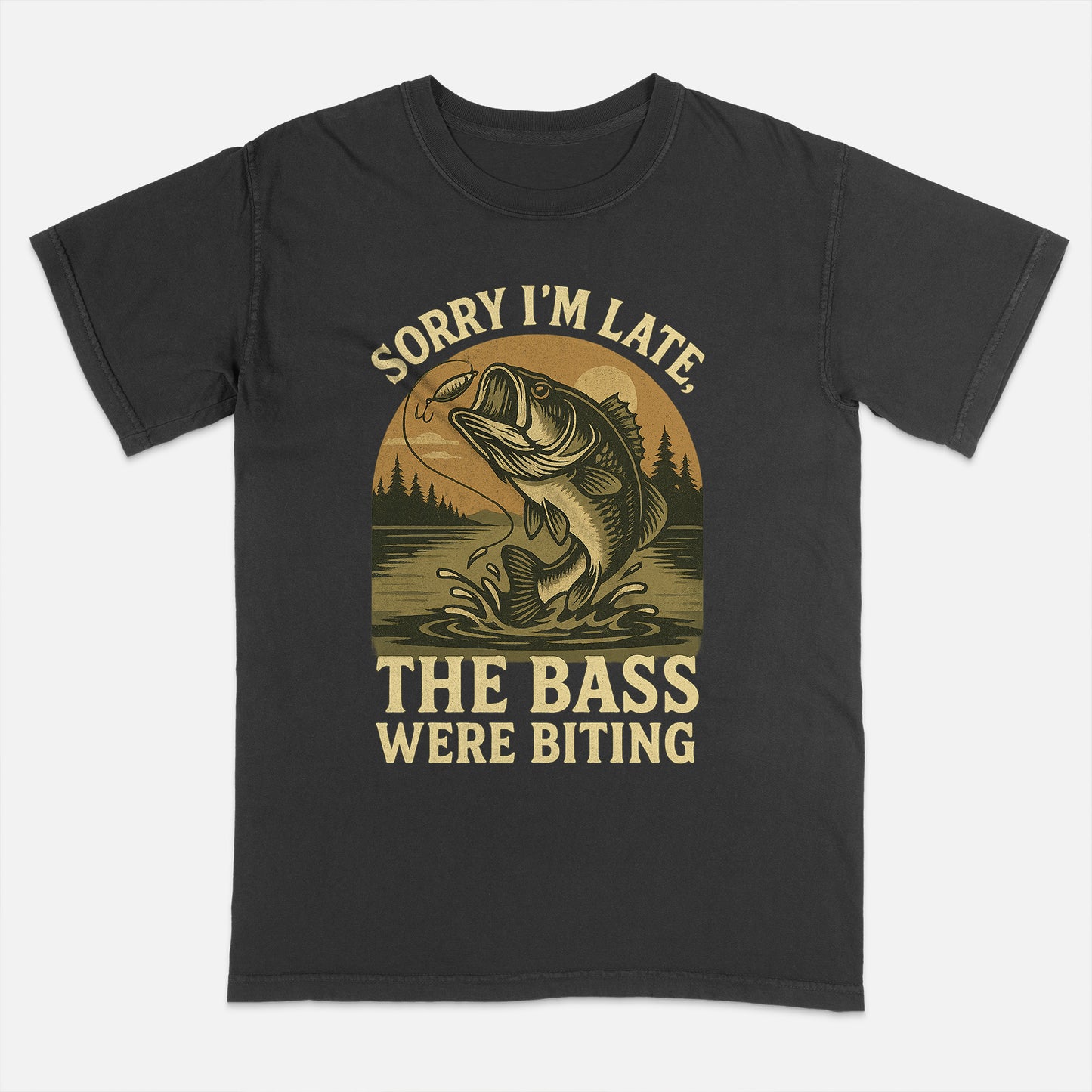Funny Fishing Shirt – Sorry I’m Late The Bass Were Biting – Outdoor Fisherman Quote Tee – Black– Up To 5XL