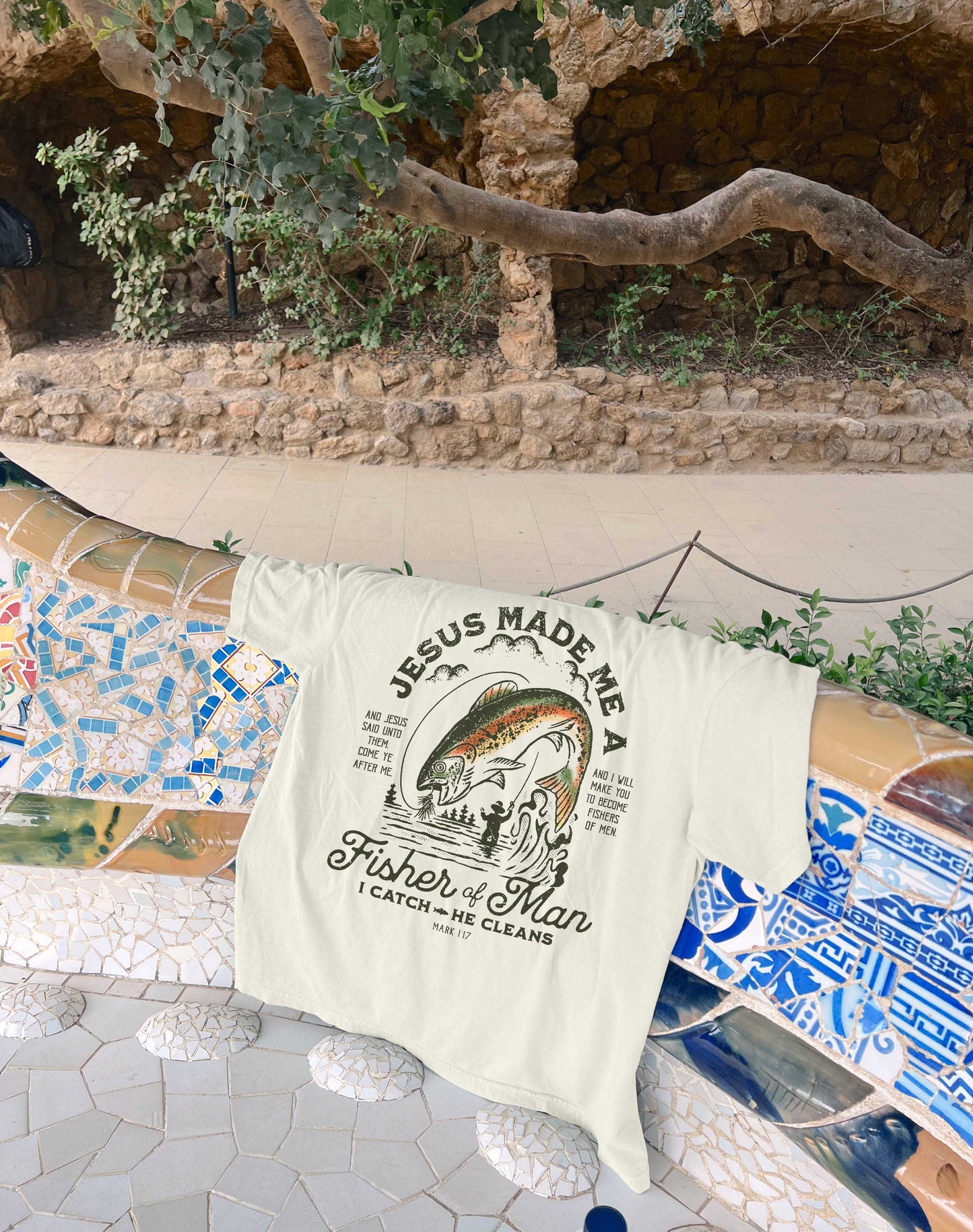 Christian Fishing Shirt – Jesus Made Me a Fisher of Men I Catch He Cleans – Based Faith Tee – Natural – Up To 5XL