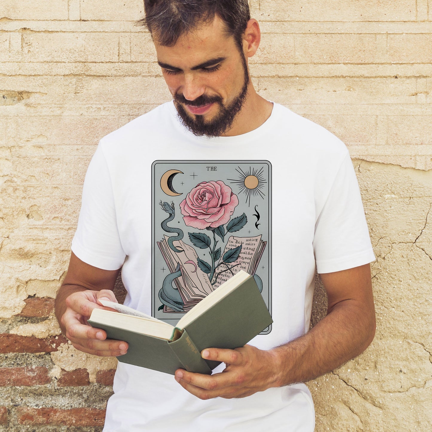Floral Snake Reading Tee – The Reader Tarot Shirt – Retro Bookish Witchy Gift – White – Up To 5XL