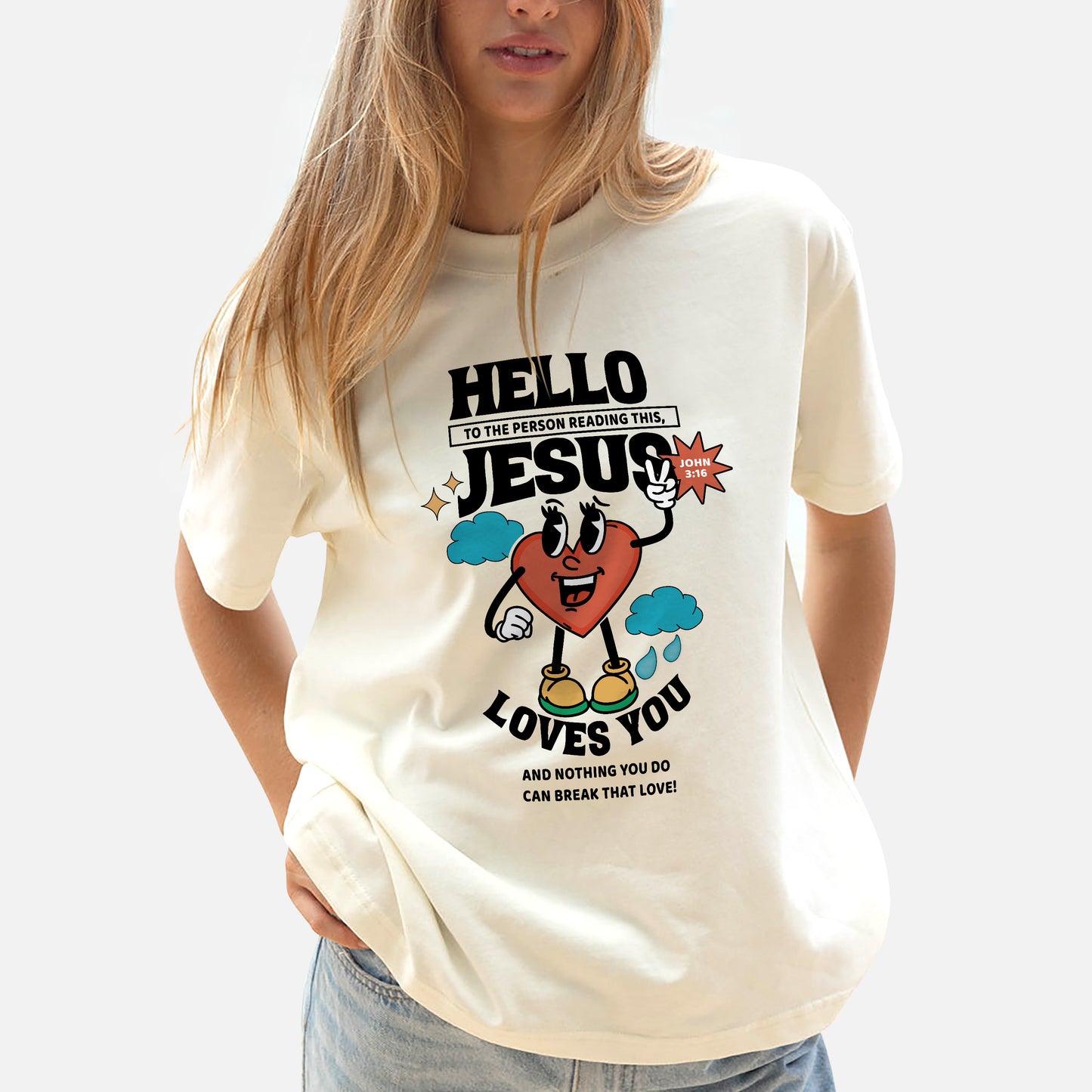 Christian Kindness Shirt – Hello to the Person Reading This Jesus Loves You – Faith Encouragement Tee – Natural – Up To 5XL