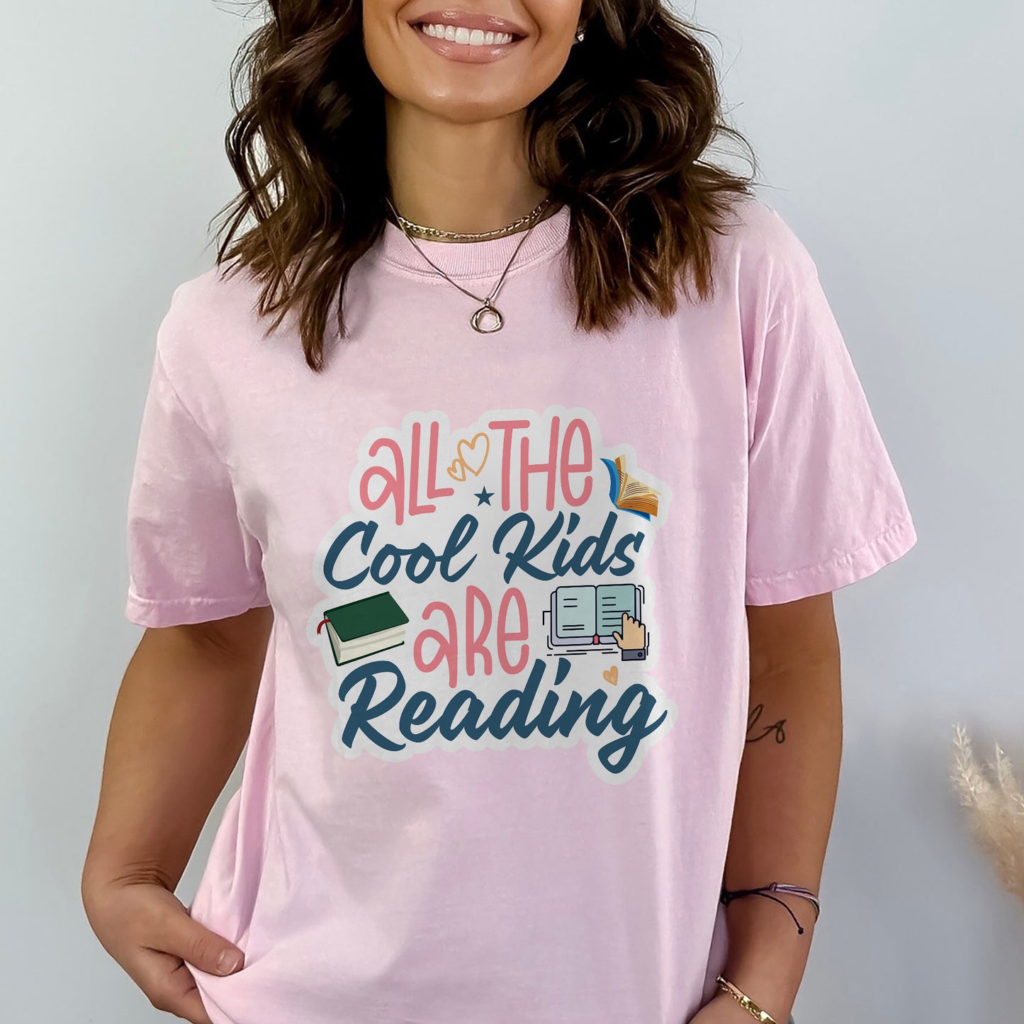 Funny Book Nerd Tee – All The Cool Kids Are Reading Shirt – Pink – Up To 5XL