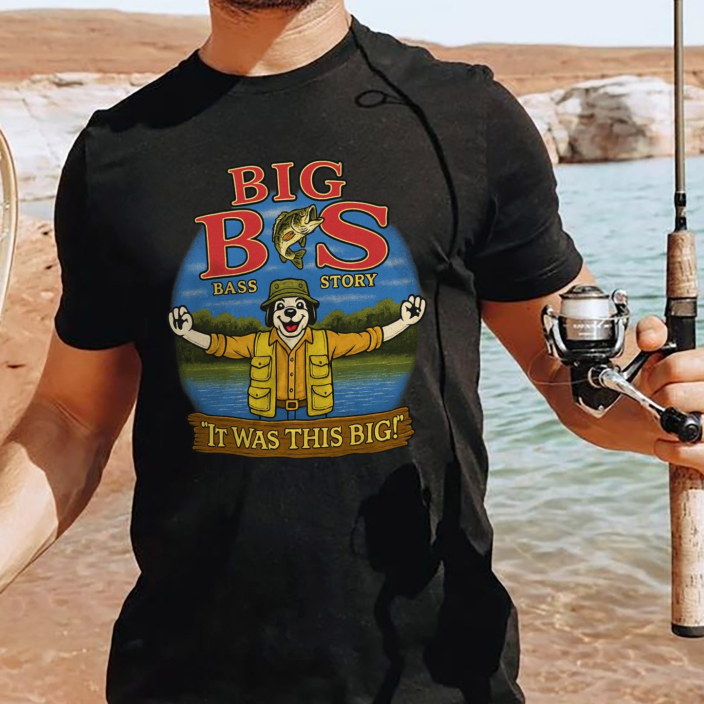 Big Bass Fishing "It Was This Big" Shirt – Funny Bass Story Angler Tee – Humorous Fisherman Gift – White – Up To 5XL