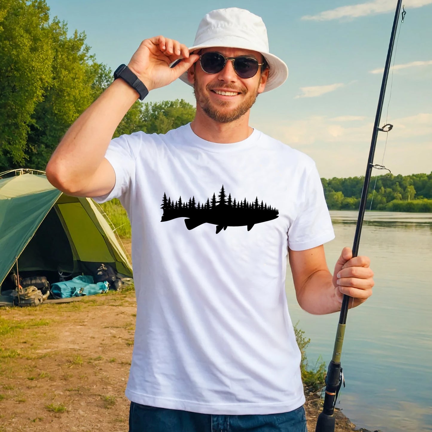 Outdoor Nature Shirt – Fish and Forest – Vintage Wilderness Hiking Tee – White – Up To 5XL