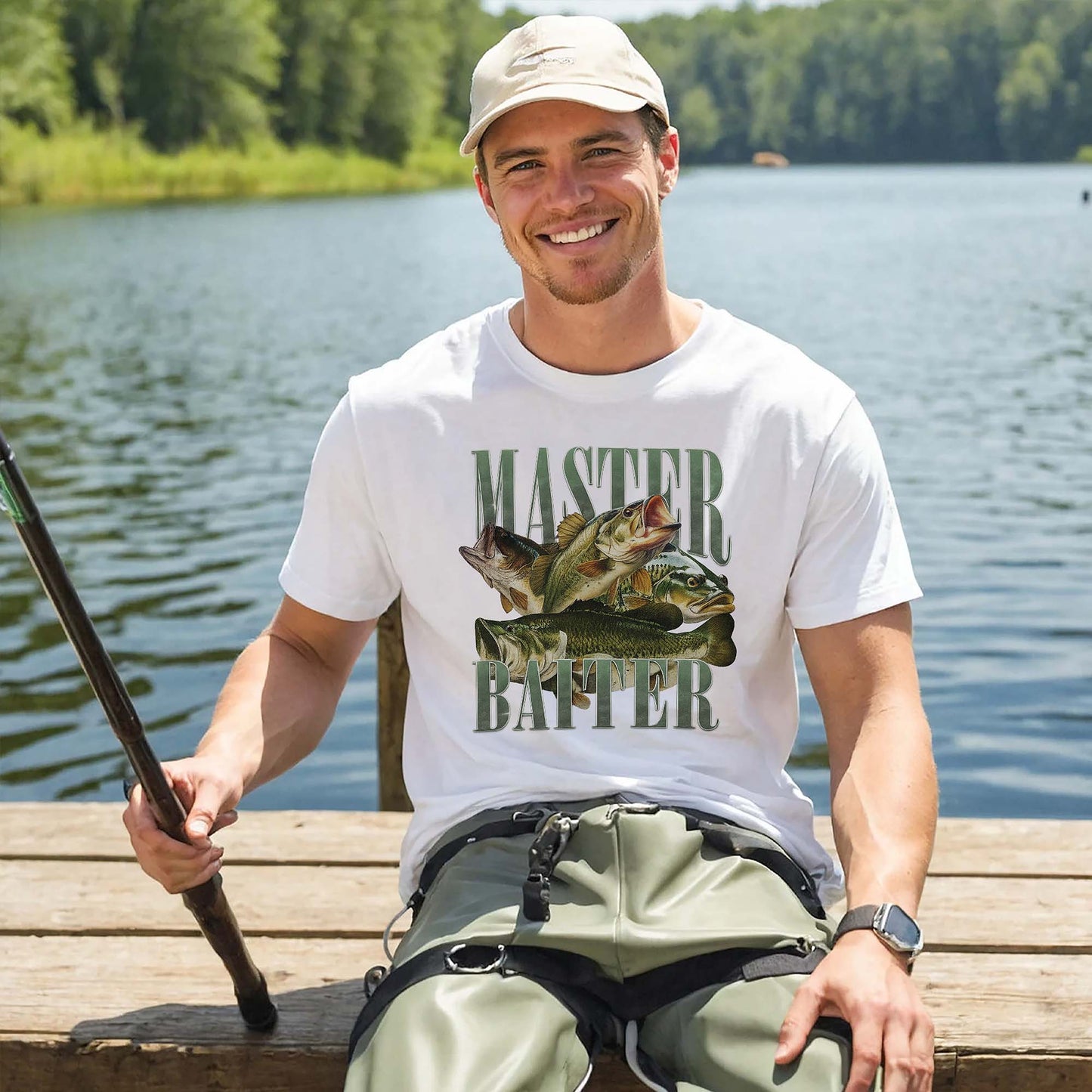 Funny Fishing Shirt – Master Baiter Bass Fishing Tee – Angler Joke Graphic Shirt – White – Up To 5XL
