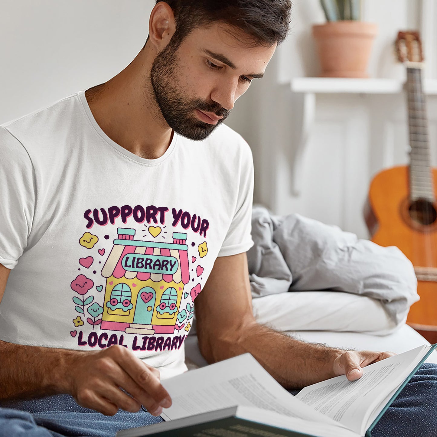 Book Lover Reading Retro Tee – Support Your Local Library Shirt – White – Up To 5XL