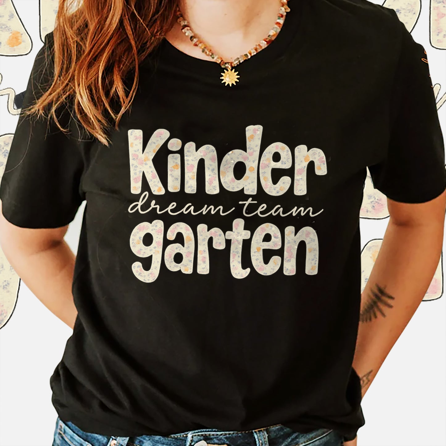 Kindergarten Dream Team Shirt – Floral Teacher Team Tee – Back to School Staff Outfit – Black– Up To 5XL