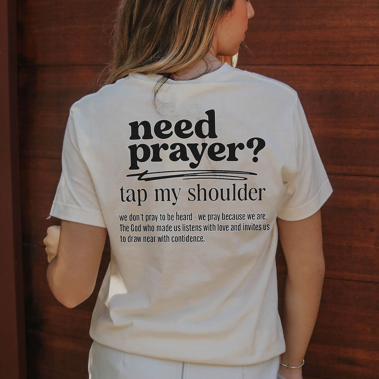 Need Prayer? Tap My Shoulder T-Shirt - Funny Jesus Shirt For Christians- Natural- Up To 5XL