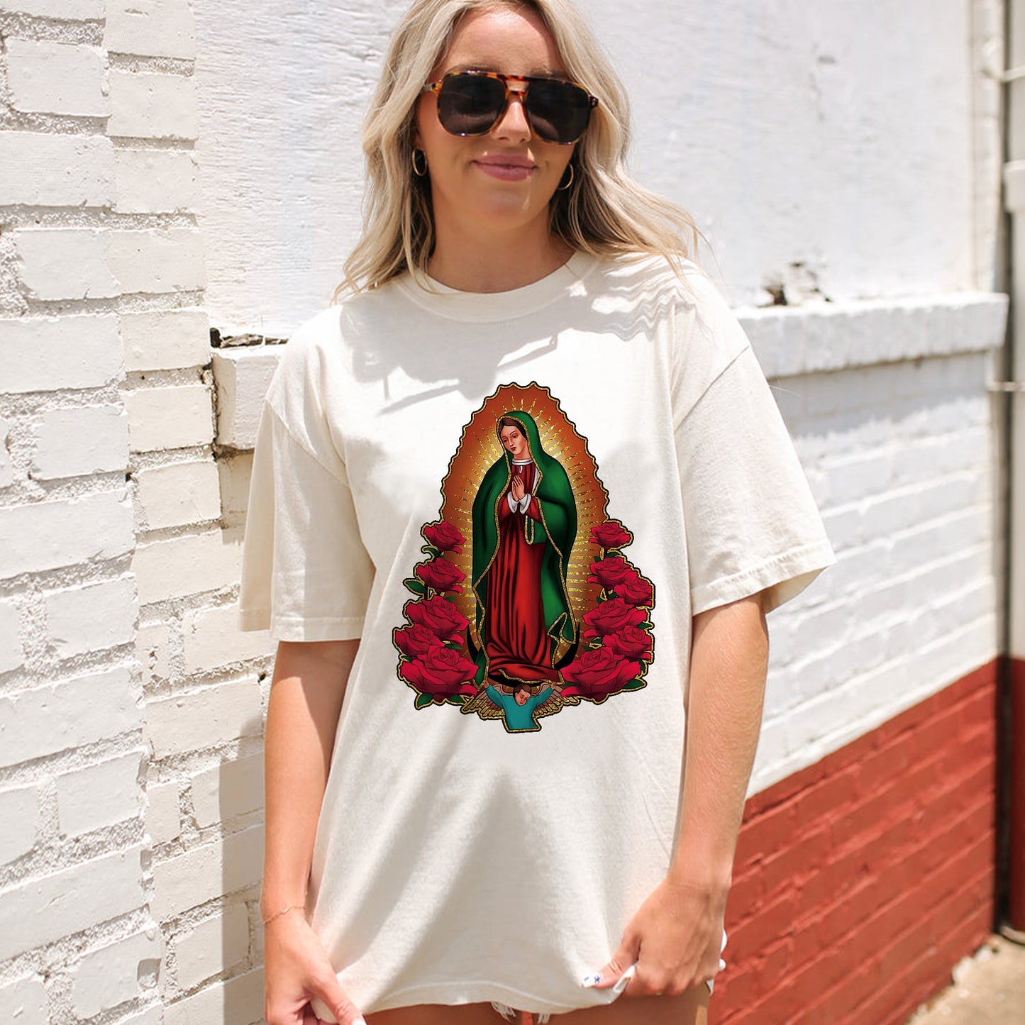 Catholic Faith Shirt – Virgen de Guadalupe – Traditional Religious Mary Tee – Natural – Up To 5XL