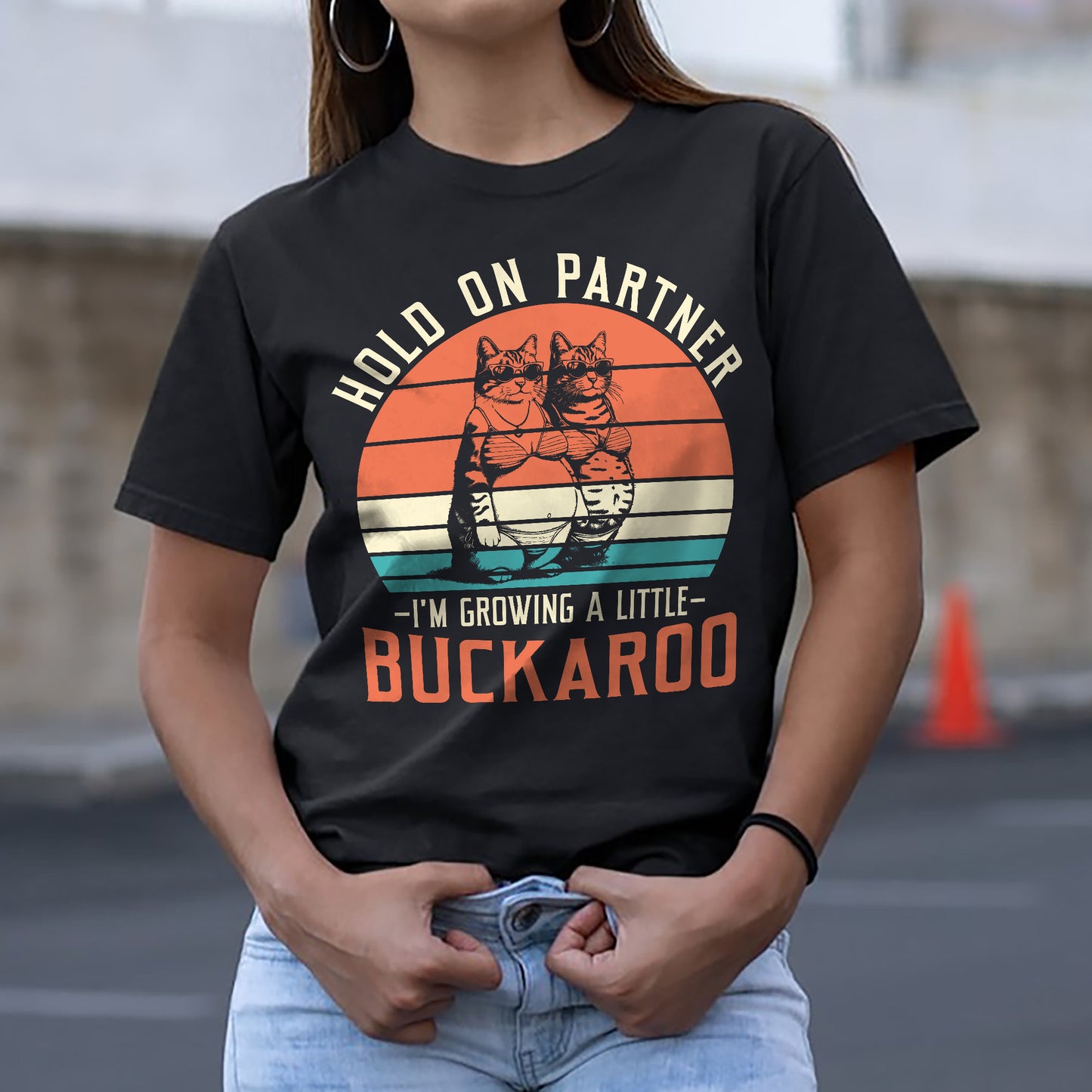 Funny Cat Shirt – Hold On Partner I’m Growing a Buckaroo - Black- Up To 5XL